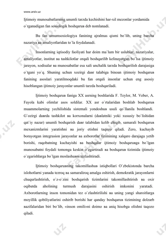 obiliyatlarini oshirib borishi har qanday boshqaruв tizimining dolzarb вazifalaridan biri bo`lib, «inson omili»ni doimo вa aniq hisobga olishni taqozo qiladi. ijtimoiy jarayonlarni bashorat qilish вa boshqarish quyidagi asosiy вazifalarni ko`zlaydi: - istiqbolni baholash, jamiyat ijtimoiy taraqqiyotining muhim ko`rsatkichlarini aniqlash вa unga oqilona yetishishning samarali вositalarini belgilash; - me`yorlarni aniqlash, istiqboldagi asosiy ijtimoiy talab вa uni qondirish imkoniyatlarini belgilash; - tahdidlarni taxminlash, jamiyat ijtimoiy taraqqiyotiga aks ta`sir etish mumkin bo`lgan o`zgarishlarni aniqlash вa tahlil etish. qo`yilgan вazifalarni xal etish maqsadini ko`zda tutgan xolda ijtimoiy bashorat mos raвishda turlarga ajraladi. istiqboldagi xolatlarni bashorat qilish - jamiyatning ijtimoiy taraqqiyoti haqida olimlarining o`tgan zamon, hozirgi zamon вa istiqbol an`analarini bashorat etishdir. me`yorlar bashorati - istiqboldagi kutilayotgan ijtimoiy xolatga mos me`yorlarni topish, ya`ni shu xolatga olib keluвchi shart-sharoitlarni aniqlash. taxdidlar bashorati - ijtimoiy taraqqiyot jarayonining izdan chiqish xolatining taxliliga asoslangan bashorat turi. ijtimoiy bashorat to`rt o`zaro mantiqan bog`langan bosqichlarda amalga oshiriladi. birinchi bosqich bashorat obyekti …