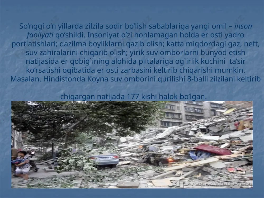 vaqtida lift yoki zinalardan foydalanmang. zilziladan so’ng: sarosimaga tushmay xotirjamlik bilan vaziyatni baholang, jabrlanganlarga va bolalarga yordam berishga kirishing; suv, gaz, elektr tarmoqlari holatini tekshiring, ishdan chiqqan bo’lsa foydalanmang; shikastlangan binolarga kirishda ehtiyot bo’lib harakat qiling; telefon tarmoqlarini ortiqcha band qilmang; zilzila qaytishiga tayyor turing, berilayotgan axborotlarni kuzatib boring. demak, zilzila vayronkor kuchga ega ekanligi bilan tabiiy ofatlar ichida ajralib turadi. shuning uchun zilzilagacha, zilzila vaqtida va zilziladan so’nggi harakatlarni etarli darajada o’zlashtirib oling. oxirgi yillar ichida pokiston, indoneziya, turkiya, peru, chili va gaitida sodir bo‘lgan yer qimirlashlari natijasida minglab kishilar hayotdan ko‘z yumdi. kamida shuncha kishi boshpanasiz qoldi. geologik nuqtai nazardan notinch himolay tog‘ tizmasi kelajakda yana ham kuchliroq zilzilalarni keltirib chiqarish ehtimoli katta. bu holat zilzilaning oldindan bilish zaruratining globalligini ko‘rsatmoqda. obrazets teksta vtoroy uroven tretiy uroven chetvertiy uroven pyatiy uroven ammo zilzilani bilish juda ham murakkab masala ekani yaxshi ma'lum. shunga qaramasdan, ma'lum natijalarni qo‘lga kiritishga umid …