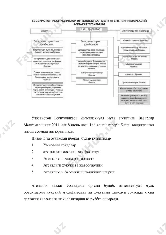 фаза қилиш ва бошқа зарур ҳужжатларнинг ягона шаклларини белгилайди; давлат илмийтехника экспертизасини ўтказишда қатнашиш учун манфаатдор вазирликлар, идоралар ва ташкилотлар мутахассисларини белгиланган тартибда жалб этади; фойдаланиш ҳуқуқини бериш тўғрисидаги лицензия шартномаларини, шунингдек, уларни тўлиқ ёки қисман бериш тўғрисидаги ёки уларнинг кафолати тўғрисидаги шартномаларни рўйхатдан ўтказади; рўйхатдан ўтказилган шартномалар ва лицензиялар тўғрисидаги маълумотлар банкини юритади; интеллектуал мулк агентликнинг бюллетенларини ва бошқа расмий нашрларини ҳуқуқий муҳофаза қилиш ва улардан фойдаланиш масалалари бўйича бошқа маълумотлар ва материалларни чоп этишни ташкил қилади ва амалга оширади; давлат патент тизимини ривожлантиришнинг муҳим истиқболли муаммоларини ишлаб чиқиш ва ҳал этиш учун вақтинчалик ижодий илмий жамоларни ташкил қилади; ҳуқуқий муҳофаза қилиш ва улардан фойдаланиш соҳасидаги кадрларни тайёрлашни ва уларнинг малакасини оширишни ташкил этади. 3. интеллектуал мулк агентликнинг халқаро фаолияти тўғрисида бундан ташқари, интеллектуал мулк агентлигини халқаро фаолияти мавжуддир. интеллектуал мулк агентлиги: · ителлектуал мулк ҳуқуқларини муҳофаза қилиш соҳасида халқаро ҳамкорликни белгиланган тартибда амалга оширади; · ўз ваколати доирасида …