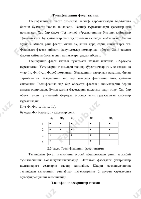 улнинг моҳияти қуйидагича: ҳар бир фасет алоҳида белгиланади, ҳар бир фасет қиймати учун белгидан маълум миқдорда разряд ажратилади. параллел белгилаш тизимининг афзаллик ва камчиликлари фасет тасниф тизими афзаллик камчиликларига мос келади. рўйхатли шартли белгилаш рўйхатли шартли белгилаш объектларни идентификация қилиш учун ишлатилади ва объектларни олдиндан таснифлашни талаб қилмайди. бу усул ҳам иккига бўлинади: тартибли белгилаш тизимида обoектларни кетма-кет натурал сонлар билан белгиланади. бу усул обoектлар сони кўп бўлмаганда ишлатилади. серияли - тартибли белгилаш тизимида дастлаб объектлар гуруҳга (серияга) ажратилади, гуруҳ ичида тартибли белгиланиб чиқилади. бу усул гуруҳ сони кўп бўлмаганда ишлатилади. ахборотни турли нишонлари бўйича таснифлаш бошқарув қарорларини қабул қилиш жараёни маълумотларнинг улкан оқимида зарур ахборотни кўриб чиқиш, таҳлил этиш ва оқилона фойдаланишни кўзда тутади. ахборот танлаш анча меҳнат талаб қиладиган, демакки, қиммат турадиган жараён. шунинг учун уни таснифлаш зарур (2.4-расм). 2.4-расм. ахборотни таснифлаш. тасниф тизимини ахборотга қўллаш учун қуйидагича ёндашиш зарур: 1) ахборотни таҳлил қилиш тасниф ва қиёслаш воситалари …