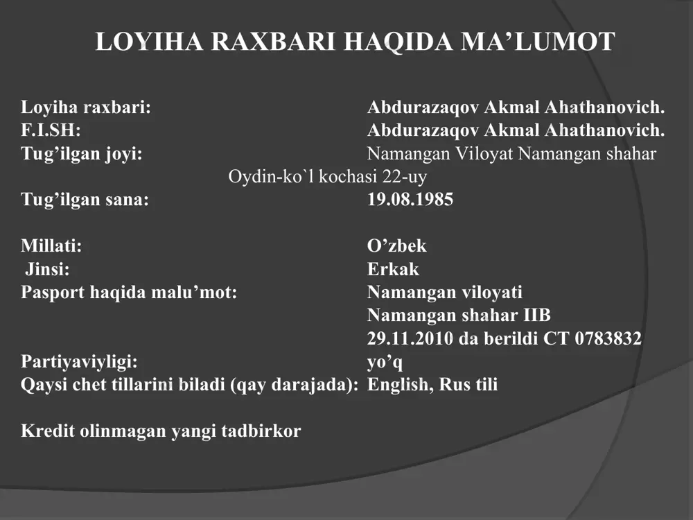 4-yil sog’lom bola yili munosabati bilan 3 ta ish o’rni yaratiladi. hamda yillik 57 679 111,2 so’m foyda bilan chiqadi. bu ko’rsatkichni keyingi yilga ikki yoki uch martagacha kengaytirish ko’zda tutilgan. bundan tashqari faoliyatimni kengaytirib yangi loyihalarni amalga oshirmoqchiman va tadbirkorlik sohasida o’z o’rnimga ega bo’lish. rejaga kiritilgan yangi texnologiya fotorasmlari ishlab chiqariladigan mahsulot turlari ishlab chiqariladigan mahsulot turlari rejaga kiritilgan yangi texnologiya fotorasmlari ishlab chiqariladigan mahsulot turlari rejaga kiritilgan yangi texnologiya fotorasmlari rejaga kiritilgan yangi texnologiya fotorasmlari kredit summasi25 000 000,00qaytariladigan jami mablag`29 479 167 yillik foiz stavkasi10,0%umumiy % summasi4 479 167 kredit muddati (yil)3,0har oyda qaytariladigan kredit tani833 333 yil davomida to`lovlar soni36xaqiqatda to`lovlar soni30 imtiyozli davr (oylar soni)6 mikrokredit berilgan sana qo`shimcha to`lov (zarur emas) kreditor: oylar davr boshiga kredit qoldig`i qaytariladigan kredit tani % to`lovlarijami to`lov davr oxiriga kredit qoldig`i 125 000 000020833320833325 000 000 225 000 000020833320833325 000 000 325 000 000020833320833325 000 000 425 …