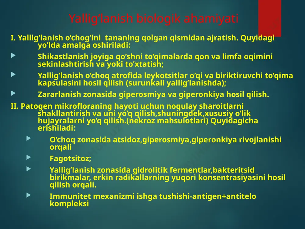 iferatsiya * yallig’lanisjh reaksiyalari komponentlari nisbati (по: а.ш.зайчик, л.п.чурилов) 1 – birlamchi alteratsiya; 2 – ikkilamchi alteratsiya shikastlovchi omil alteratsiya 1 2 ekssudatsiya proliferatsiya 3 yallig’lanish patogenezi i. bosqich– alteratsiya (shikastlansish) а) birlamchi б) ikkilamchi (birlamchi va ko’proq miqdorda ikkilamchi alteratsiya to’qimalarda moddalar almashinuvi buzilishi bilan o’tadi. ii. bosqich-ekssudatsiya (-mikrosirkulyatsiya buzilishi va leykotsitlar emigratsiyasi bilan xarakterlanadi) а) tomir reaksiyalari б) xususiy ekssudatsiya yallig’lanish patogenezi в) marginatsiya (margo - chet) (chetki holat) и leykotsitlar emigratsiyasi г) tomirdan tashqari jarayonlar: leykotsitlar xemotaksis, fagotsitoz iii. bosqich – proliferatsiya а) yallig’lanishga qarshi mediatorlar ta’siri б) fibroblastlar aktivatsiyasi в) fibroplaziya,angiogenez г) reparatsiya i bosqich-alteratsiya birlamchi -shikastlanish maydoni va joyiga bog’liq; -shikastlangan to’qimalar reaktivligi va rezistentligi bilan bog’liq ikkilamchi - shikastlangan strukturalarda moddalar almashinuvi buzilishi bilan o’tadi. to’qimalarda moddalar almashinuvi buzilishi: 1.kompleks strukturaviy o’zgarishlar (hujayra va to’qimalar strukturasi desktruksiyasi) –birlamchi alteratsiya 2.kompleks fizik-kimyoviy o’zgarishlar: moddalar almashinuvi intensivligi ortadi(2-3 soat – almashinuvda«yong’in») moddalar almashinuvi buzilishi shakllantiradi: а) …