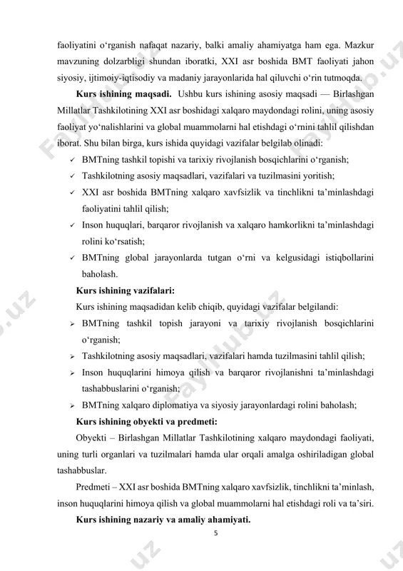 r tomonidan keng tadqiq etilgan. xalqaro huquq, siyosatshunoslik, xalqaro munosabatlar nazariyasi va amaliyoti bilan shug‘ullanuvchi olimlarning ilmiy ishlari bmt faoliyatining turli jihatlarini yoritadi. jumladan, xalqaro xavfsizlikni ta’minlash, tinchlikni saqlash operatsiyalari, inson huquqlari va barqaror rivojlanish masalalarida bmtning o‘rni alohida tadqiq etilgan. shu bilan birga, xxi asr boshidagi global xavf-xatarlar, geosiyosiy jarayonlar va ijtimoiy-iqtisodiy muammolar fonida bmtning tutgan o‘rni hamon dolzarb bo‘lib, bu borada yangi ilmiy izlanishlarga ehtiyoj mavjud. kurs ishining tuzilmasi: kirish, 2 ta bob, 4 ta qism, xulosa va foydalanilgan adabiyotlar ro'yxatidan iboratdir. 3 o‘zbekiston respublikasi prezidentining qarori “barqaror rivojlanish maqsadlariga erishish strategiyasi” – 2019 yil. 7 i bob. birlashgan millatlar tashkiloti faoliyatining nazariy asoslari 1.1. bmtning tashkil topishi va tarixiy rivojlanish bosqichlari birlashgan millatlar tashkiloti (bmt) ikkinchi jahon urushidan so‘ng, insoniyatni urushning dahshatlaridan himoya qilish, xalqaro tinchlik va xavfsizlikni ta’minlash maqsadida tashkil etilgan eng muhim xalqaro tashkilotdir. 1945-yil 24- oktabrda san-fransisko shahrida qabul qilingan bmt nizomi asosida tashkil …