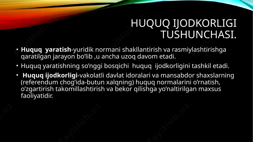ishga qaratilgan eng muhim faoliyat yo‘nalishlaridan biri. qonun va qonun chiqarish faoliyati bilan bog‘lik ishlar jamiyat taraqqiyotining barcha bosqichlarida muhim o‘rin tutgan. qonun ijodkorligi jarayoni tushunchasi.qonun. qonunlarning eng asosiy ijtimoiy vazifasi – jamiyatda tartib, intizom va barqarorlikni ta‘minlashdan iborat. qonunchilik siyosati – davlat siyosatining bir bo‘lagi bo‘lib, unda ijtimoiy munosabatlarni huquqiy tartibga solishning asosiy yo‘nalishlari, prinsiplari, maqsadlari o‘z ifodasini topadi. huquq ijodkorligi faoliyati natijalariga qarab, ya‘ni qonunlar va boshqa normativ aktlarga qarab, davlat to‘g‘risida, uning demokratligiga, madaniyati va sivilizasiyasi darajasiga baho beriladi. qonun ijodkorligi jarayoni tushunchasi.qonun. qonun-bu normativ akt bo’lib, qonunchilik hokimiyati organi (yoki referendum yo’li bilan) tomonidan belgilangan tartibda qabul qilinadigan, xalqning irodasini ifodalaydigan, oliy yuridik kuchga ega bo’lgan va birmuncha muhim bo’lgan ijtimoiy munosabatlarni tartibga soluvchi hujjat. qonun ijodkorligi jarayonining asosiy bosqichlari. normativ-huquqiy hujjatlarning vaqt, hudud va shaxslarga nisbatan amal qilishi. qonunning yaratilishiga bo‘lgan ehtiyojni o‘rganish – qonunchilik jarayonining boshlang‘ich nuqtasidir. ikki palatali parlament sharoitida qonun ijodkorligi jarayoni …