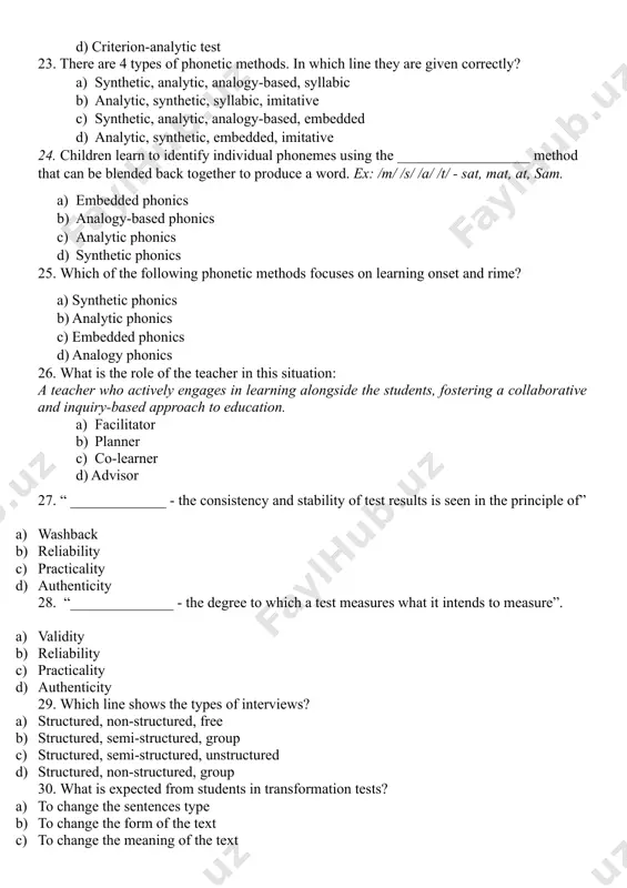 atural, engaging context for language learning c) by replacing other classroom activities d) by eliminating curiosity and imagination in students 20. which of the following best describes deductive reasoning? a) learning from specific observations to general principles b) drawing conclusions from emotional responses d) applying general rules to specific cases c) relying solely on personal experiences 21. which of the following is an advantage of inductive learning? a) it guarantees accurate results for all situations. b) it is more logical and follows rigid rules. c) it helps generate new theories based on observed data. d) it works best when the rule is already known 22. what test type is described? a standardized test is administered to a large group of students, and their scores are compared to the scores of a representative sample of students a) norm-referenced test b) criterion-referenced test c) norm-criterion test d) criterion-analytic test 23. there are …
