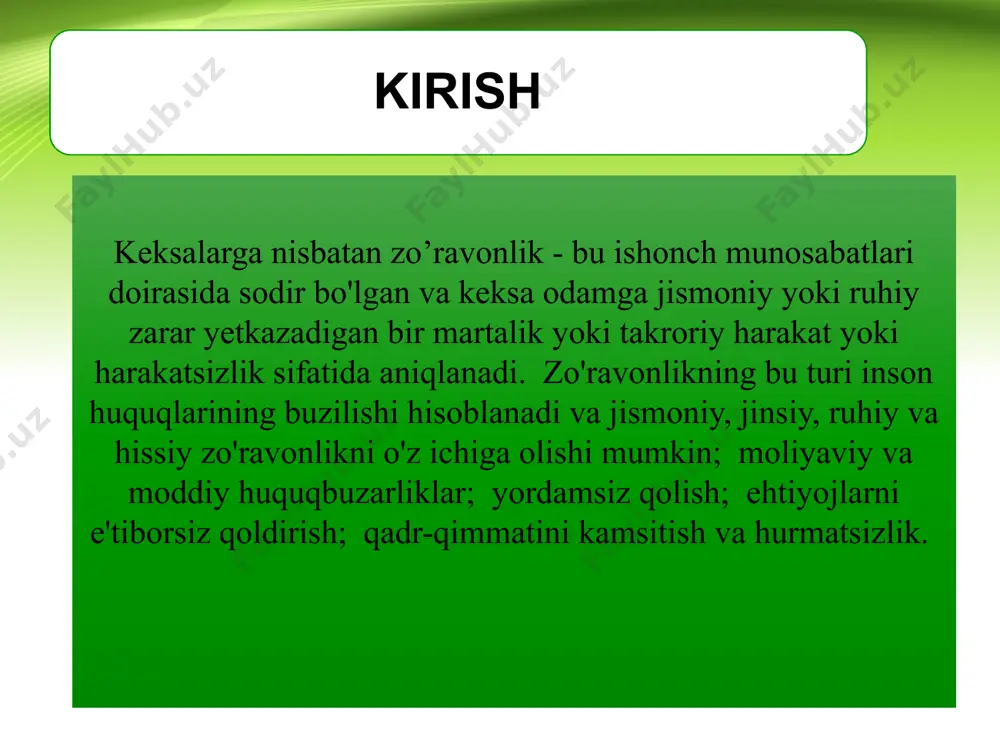 i o'tgan yili keksalarga nisbatan zo'ravonlik sodir etganliklari haqida xabar berishgan. mavjud ma'lumotlar shuni ko'rsatadiki, covid-19 pandemiyasi davrida ham uyda, ham muassasalarda keksalarga nisbatan zo'ravonlik holatlari ko'paygan. shunday qilib, aqshda o'tkazilgan tadqiqot shuni ko'rsatadiki, bunday holatlar kundalik hayotda 84% ga oshishi mumkin. aholining tez qarishi natijasida ko'plab mamlakatlarda keksalarga nisbatan zo'ravonlik holatlari ko'payishi kutilmoqda. keksalarda zo'ravonlik qurbonlari ulushi bir xil bo'lib qolsa ham, aholining qarishi natijasida global raqam tez o'sib boradi va 2050 yilga borib 320 millionga yetadi, 60 yoshdan oshganlar kogortasi butun dunyo bo'ylab 2 milliardga etadi. noto'g'ri munosabatda bo'lish xavfini oshiradigan individual xususiyatlar orasida funktsional qaramlik/nogironlik, yomon jismoniy salomatlik, kognitiv buzilish, ruhiy salomatlik buzilishi va past daromad kiradi. jismoniy zo'ravonlik xatti-harakatlarini sodir etish ehtimolini oshiradigan individual darajadagi belgilarga ruhiy kasallikning mavjudligi, giyohvandlik va jinoyatchining o'z qurboniga qaramligi, ko'pincha moliyaviy xarakterga ega bo'lishi kiradi. shaxslararo darajada munosabatlarning tabiati (masalan, turmush o'rtoqlar/sheriklar yoki bola va ota-ona o'rtasidagi) va oilaviy holat …