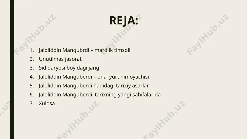 ariga qarab:”ota oʻgʻil mana shunday boʻlishi lozim”degan. jaloliddin mangubrdi – ona yurt himoyachisi vatanimizning eng koʻp ming yillik tarixi,el-yurtimizni bosqinchi,yovuz kuchlardan himoya qilish milatimizning erkinligini va or-nomusini asrash yoʻlidagi buyuk voqealarni bu kurashlarda jasorat va mardlik koʻrsatgan buyuk shaxslarning nomlarini asrlar davomida oʻzining yorqin xotirasida saqlab kelmoqda. jaloliddin manguberdi - ona yurt himoyachisi,jasur sarkarda va davlat arbobi,xalqimizning spitomen, muqanna,najmiddin kubro singari tarixda oʻchmas iz qoldirgan milliy qahramonidir.jaloliddin manguberdi bor-yoʻgʻi oʻttiz ikki yillik qisqa hayoti davomida el-yurti xalq ozodligi uchun soʻnmas xizmat qilishga ulgurgan ulugʻ ajdodimizdur. k sulton jaloliddin manguberdi oʻz elining baxtu saodati uchun hayot – mamot janglarida jon fido etdi. odamzotning ozodlik sari intilishi abadiydur. oradan bir asir oʻtib sohibqi- ron amir temur jaloliddin mangubrdi boshlagan ozodlik kurashini yangi sharoit va ulkan miqiyoslarda davom ettirdi. ona yurtimizni bosqinchilardan xalos qilib markazlashgan qudratli davlat barpo etdi. sid daryosig dovyurak, metinday iroda, baquvvat iymon – e’tiqodga ega boʻlish uchun innsonda vatanga …