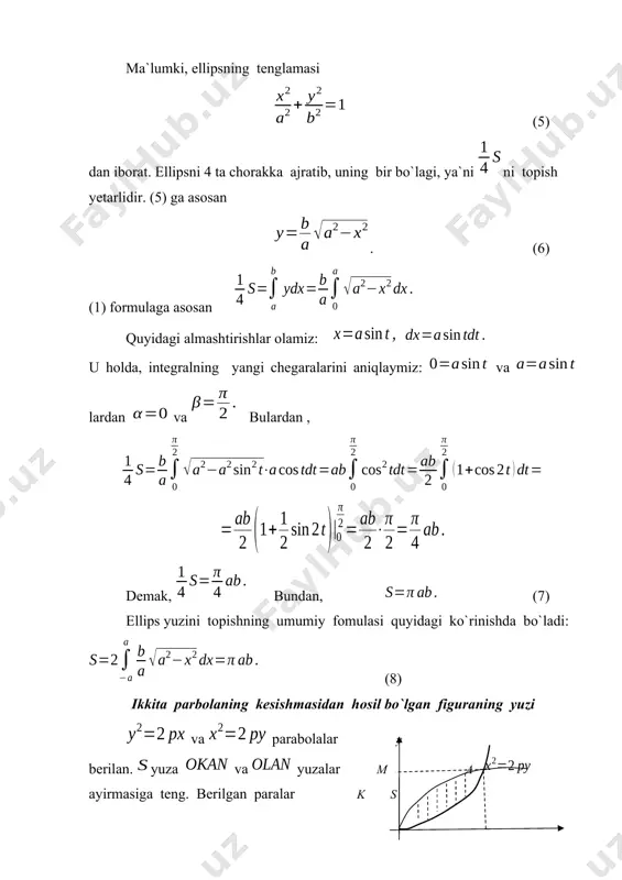 yotgan qismi uzunligini toping. 3. aylanish jismini hajmi formula bilan berilgan egri chiziqning kesmada o`qi atrofida aylanishidan hosil bo`lgan jismning hajmini topish talab qilinsin. y y 0 a x x+h b x aylanish jismini ga perpendikulyar tekislikdar bilan ta bo`laklarga ajratamiz. perpendikulyar tekisliklarning biri 0 nuqtadan masofada, ikkinchi tekislik masofada, keyingisi esa masofada bo`lsin. bunda, - orttirma bo`lib, dir. u holda, jismning birinchi ikki tekislik bilan kesilgan qismining hajmi , undan keyingi qismining hajmi esa dan iborat bo`ladi. birinchi silindrsimon jismning balandligi , asos radiusi ; ikinchisining balandligi ham , asos radiusi u holda, birinchi jism hajmi , ikkinchisiniki esa bo`ladi. ikki silindr orasidagi orttirma hajm dan iborat bo`ladi. ammo hajm va da cheksiz kichik miqdor bo`lib, 0ga intiladi. shuning uchun hajmning differensiali kichik silindrsimon jismning hajmi bo`ladi. buni integrallaymiz: (1) (1) tenglik aylanish jismining hajmini topish formulasidan iborat. 1-misol. asos radiusi va balandligi bo`lgan aylanish paraboloidi segmentining hajmini toping. …