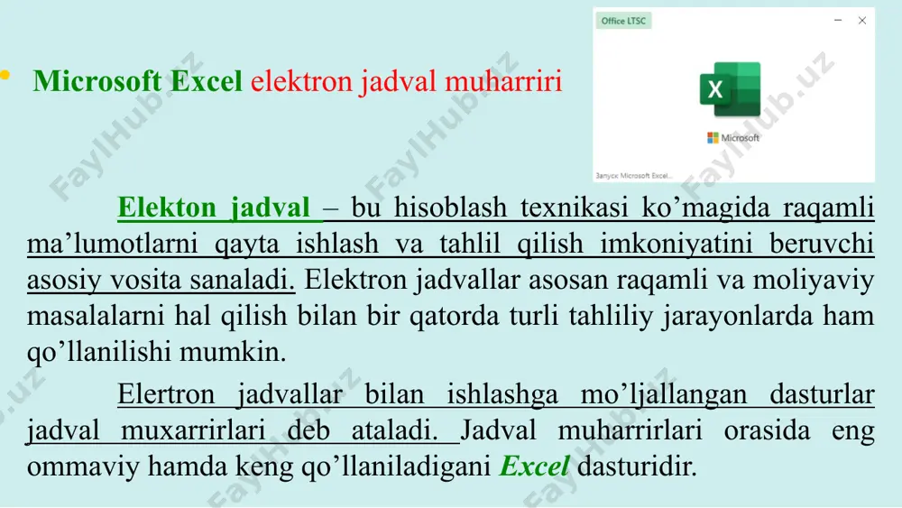kcha faol (aktiv) yacheyka deyiladi. bir ishchi varog’ida 16834 ta ustun mavjud bo’lib ular lotin alifbosining harflari bilan nomlangan. ishchi varoqdagi satrlar soni 1048576 ta bo’lib ular o’z tartib raqamiga ega. ko’p o’zgaradigan ma’lumotlarni qayta ishlash; yaratilgan yoki tahrirlangan formulani boshqa kataklarda qo’llash; diagrammalar yaratish; arifmetik va geometrik progressiyalarni avtomatik qo’llash; bir vaqtda bir nechta oynalar, ishchi varaqlarda ishlash; ma’lumotlar bazasida ishlash; ma’lumotlarni import va eksport qilish va boshqalar. har bir yacheykaga 32000 tagacha belgidan iborat ma’lumot kiritish mumkin (tavsiya qilingan belgilar 256 ta) microsoft excel ning qo’shimcha imkoniyatlari dasturni ishga tushirish. 1. windows ishchi stolida excel nomli yorliq bo’lsa, ushbu yorliqqa sichqoncha ko’rsatgichi olib boriladi va ikki marta ketma-ket chap tugmachasi bosiladi. 2. ishchi stolidagi excel yorligiga ko’rsatgich keltirilib sichqoncha o’ng tugmasini bosish orqali kontekst menyuni chiqarish va «открыть» buyrug’ini tanlash orqali dastur ishga tushiriladi. 3. dasturda yaratilgan fayllarga murojaat qilish orqali. 4. windows asosiy menyusidan пуск→все программы→microsoft office→microsoft …