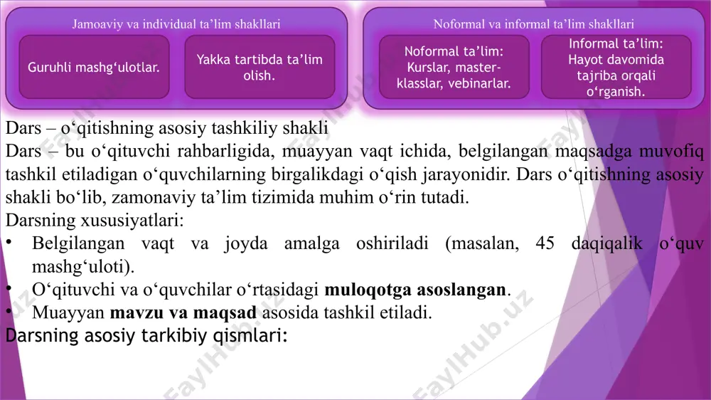 t: 1. tashkiliy qism: o‘quvchilarni darsga tayyorlash va ularning e’tiborini mavzuga jalb qilish. 2. mavzuni maqsadini tushuntirish: darsning maqsadi va vazifalari haqida o‘quvchilarga ma’lumot berish. 3. yangi materialni tushuntirish: mavzuni o‘quvchilarga tushunarli qilib izohlash. ko‘rgazmali vositalar va texnologiyalardan foydalanish. 4.mustahkamlash: savol-javob, muhokama yoki amaliy topshiriqlar orqali o‘rganilgan materialni mustahkamlash. 5. baholash: o‘quvchilarning o‘zlashtirish darajasini aniqlash va ularni rag‘batlantirish. 6. uyga vazifa berish: o‘rganilgan materialni mustahkamlash uchun uyga topshiriq berish. 4. o‘qituvchining darsga tayyorgarligi o‘qituvchi dars samaradorligini oshirish uchun puxta tayyorgarlik ko‘rishi lozim. bu tayyorgarlik quyidagi bosqichlarni o‘z ichiga oladi: a) nazariy tayyorgarlik o‘qituvchi dars mavzusiga oid bilimlarni puxta o‘zlashtirishi kerak. mavzuni qiziqarli va tushunarli tarzda tushuntirish yo‘llarini aniqlashi zarur. b) metodik tayyorgarlik o‘qitish metodlari va vositalarini tanlash. darsni tashkil etish shakllarini belgilash. c) rejali tayyorgarlik dars konspektini tuzish. mavzuga mos ko‘rgazmali materiallar va vositalarni tayyorlash. d) psixologik tayyorgarlik o‘quvchilarning yosh xususiyatlarini hisobga olish. motivatsiya va muloqotni ta’minlash uchun strategiyalar ishlab …