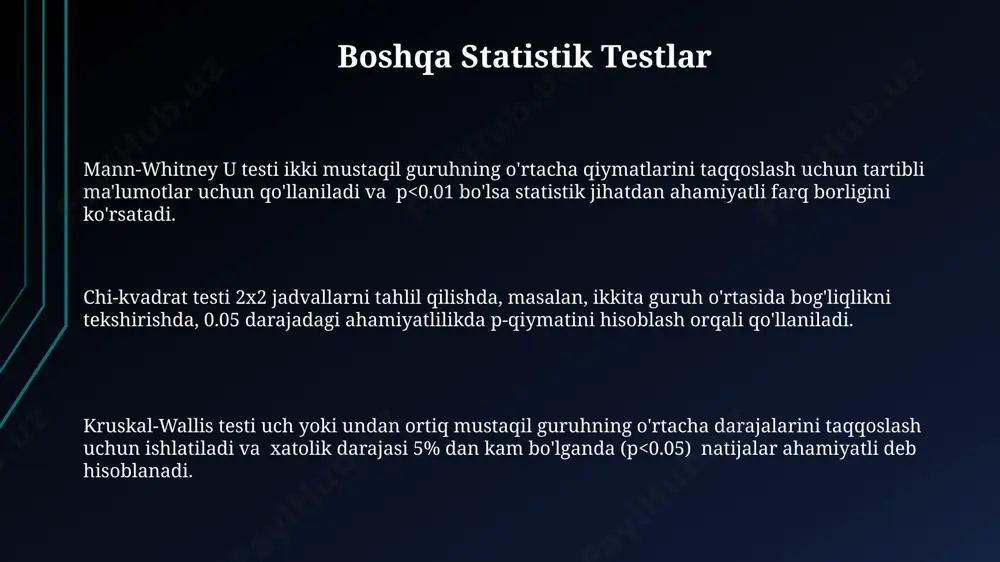 h imkoniyatlarini taqdim etadi. ma'lumotlarni talqin qilish va xulosa o'rtacha qiymat (mean), standart og'ish (standard deviation) kabi statistik parametrlarni hisoblash orqali ma'lumotlar to'plamining tarqalishini va markazini aniqlash mumkin. regressiya tahlili yordamida ikki yoki undan ortiq o'zgaruvchilar o'rtasidagi bog'lanishni aniqlash va r-kvadrat koeffitsiyenti (r²) orqali bog'lanish kuchini baholash mumkin. ma'lumotlarni talqin qilishda, 95% ishonch oralig'idan foydalanib, natijalarni ahamiyatliligi 0.05 darajasida tekshirib, xulosalar chiqarish mumkin. tadqiqot natijalarini taqdim etish grafiklar va jadvallardan samarali foydalanish, masalan, 3 o'lchovli diagrammalar yoki 2x2 kontigensiya jadvallari, ma'lumotlarni vizualizatsiyasi va tushunishini yaxshilaydi. tadqiqot natijalarini taqdim etishda 95% ishonch oralig'idan foydalanish, natijalarni aniq va tushunarli tarzda ifodalashga yordam beradi, shuningdek, xatolik chegaralarini ko'rsatib beradi. p-qiymatini (p<0.05) taqqoslash orqali, 100 ta namunaviy kuzatish asosida olingan natijalar statistik jihatdan ahamiyatli yoki ahamiyatsizligini aniqlash mumkin. ta'rifiy statistika ta'rifiy statistikada chastota jadvallari, gistogramlar va boshqa grafik vositalar yordamida ma'lumotlarning tarqalishini, ya'ni ma'lumotlar qiymatlarining qanchalik tarqalib ketganligini ko'rsatish mumkin, masalan, 20% kuzatuvlar ma'lum …