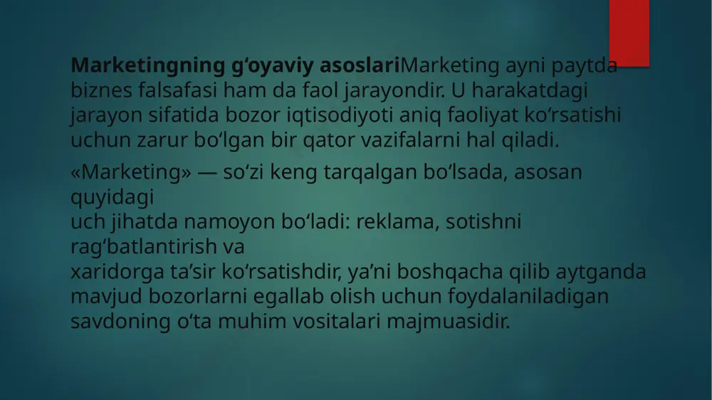 yangi paydo bo‘lgan savdo markalarini qo‘llab-quvvatlash, savdo-sotiq shartlari va hokazolar haqida axborot berishdan iborat. 6. tovar foydalanilgandan yoki iste’mol qilingandan so‘ng iste’molchilarning qoniqish hosil qilgan yoki qilmaganligini tekshirish ishlab chiqaruvchiga taklifni ularga moslashtirishga imkon beradi. image2.png image3.png image4.png image5.png /docprops/thumbnail.jpeg