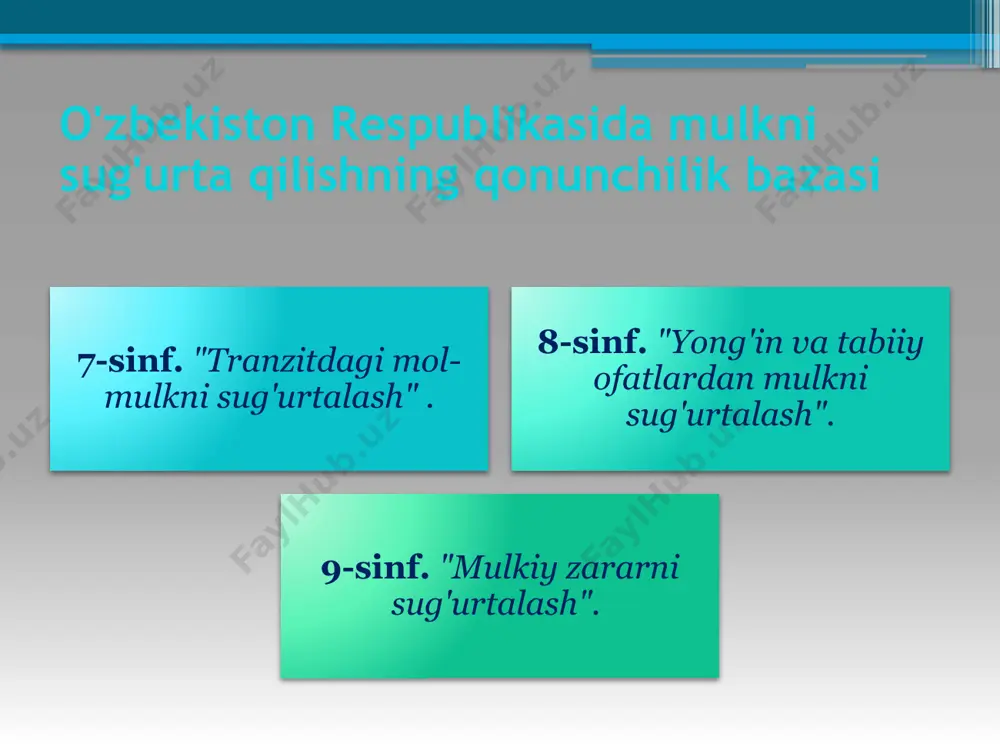 g arizasi asosida tuziladi. sug'urta kompaniyasi tomonidan belgilangan limitdan oshib ketadigan summaga shartnoma sug'urtalangan shaxsning mol-mulkini tekshirish bilan tuziladi. sug'urta shartnomasi sug'urta to'lovini bank o'tkazmasi orqali, sug'urta kompaniyasining hisob-kitob hisobvarag'iga badallarni o'tkazish yo'li bilan yoki kassa (sug'urta agenti) orqali naqd pul o'tkazish yo'li bilan tuzilishi mumkin. e'tiboringiz uchun tashakkur! image2.jpeg image3.jpeg image4.png image5.jpeg image6.jpeg image7.png image8.jpeg image9.jpeg image10.jpeg /docprops/thumbnail.jpeg