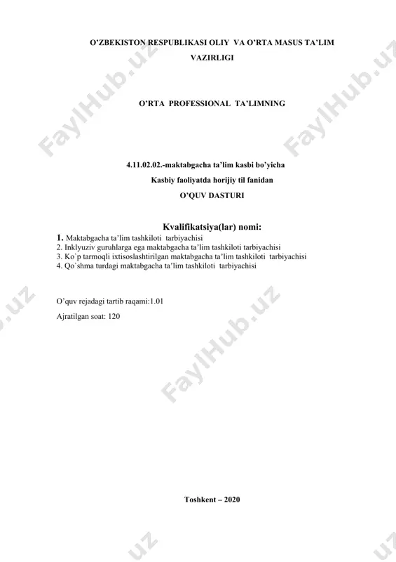 20 mavzular soni 45 dasturning maqsadi ingliz tili fanining maqsadi o’quvchilarning muloqot uslublarini yaxshilash orqali real hayotiy imkoniyatlarini oshirish, ularda ta’lim va kasbi haqidagi bilimlarini ingliz tilida ifodalash ko’nikmalarini chuqurlashtirish, matnlar bilan ishlash, yozish ko‘nikmalarini rivojlantirishiga qaratadi. ularni har tomonlama rivojlantirish sog’lom yetuk shaxs qilib tarbiyalash. asosiy maqsadi o’quvchilarga yangi leksik va grammatik hodisalardan takib topuvchu nutq namunalarini egallashlarida yordam berish orqali ularning og’zaki va yozma nutq malakalarini o’stirish hamda ularni shu fan bo’yicha chuqurroq o’rganishga tayyorlash. o’zlashtirish (o’qitish) natijalari ingliz tilida o’z fikrini tushuntira oladi; kasb faoliyati mobaynida bolalar bilan ingliz tilida suhbatlasha oladi; so’z boyligi oshadi, nutqi ravonlashadi. bilim -ta’limga oid mavzularni rejalashtirish -sodda yo’riqnomalarni tusuhuna olishi va ularga amal qilishi -sodda savollar va gaplarni; she’rlar va hikoyalar, qo’shiqlarni tushuna olishi -raqamlar, hisob-kitobni bilish va ularni hayotga qo’llash -ma’lumot so’rash vama’lumot bera olish -sodda xabarlarni, masalan oddiy xatlar, electron xatlarni tushuna olish -kundalik hayotga oid mavzular(shaxsiy ma’lumot, oila …