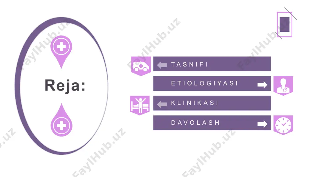 ning ortga qaytishi bilan xarakterlanadi. bunda soǵayish 80-90% gacha boʻlishi mumkin kasallikning faollik belgilari saqlanishi 6 oydan oshsa, bu davrda ikki marta qaytalanish boʻlsa, surunkali pielonefrit haqida o'ylash kerak, unda sogʻayish 35% hollarda boʻladi. 90% 65% 55% 80% k l i n i k a s i oʻtkir pielonefrit intersitsial, seroz yoki yiringli boʻladi. apostematoz nefrit va buyrak karbunkuli—o'tkir yiringli pielonefritning keyingi bosqichlarida kuzatiladi. 03 kasallik o'tkir boshlanadi, yuqori harorat (40 °c gacha), qaltirash, koʻp terlash, bel sohasida oǵriq; zararlangan buyrak tomonda—qorin devori oldi zoʻriqishi, qovurga -umurtqa burchagida kuchli oǵriq; umumiy holsizlik, chanqash, dizuriya yoki pollakiuriya aniqlanadi. bosh oǵrishi, koʻngil aynishi, qayd qilish intoksikatsiyaning tez rivojlanishidan dalolat beradi. neytrofilli leykositoz,piuriya, qisman proteinuriya va gematuriya kuzatiladi. baʼzan bemorlarning ahvoli yomonlashganda leykositoz leykopeniya bilan almashinadi, bu kasallikning yomon oqibat bilan tugashi belgisi hisoblanadi. pasternatskiy sinamasi musbat boʻladi. ikki tomonlama o'tkir pielonefritda buyrak yetishmovchiligi belgilari kuzatiladi. o'tkir pielonefrit paranefrit, buyrak soʻrǵichlari nekrozi bilan …