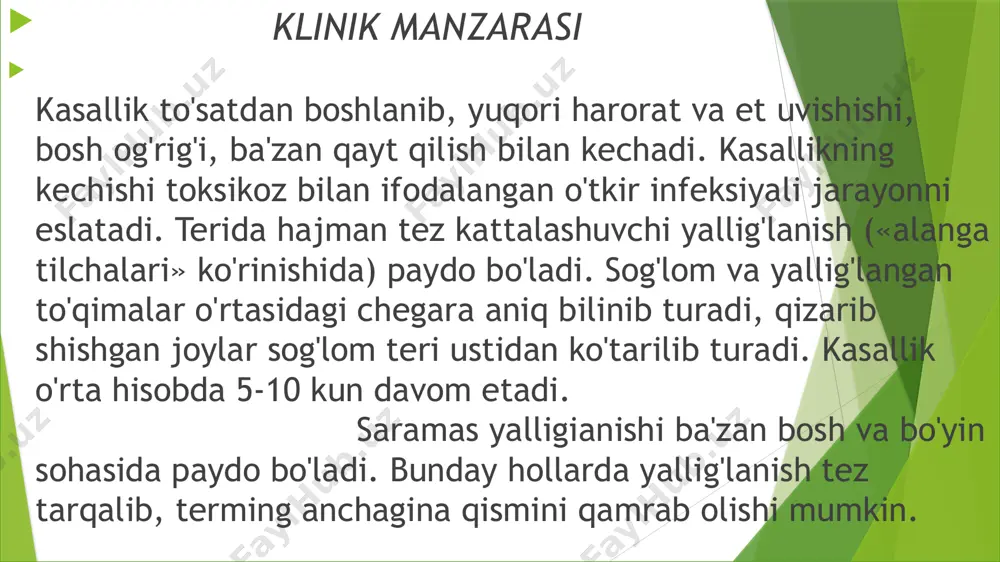 l qo’ymaslik kerak. infeksiya teriga to’g’ridan-to’g’ri yoki limfogin yo’llar bilan yuqadi. mikroblar uchun ochiq darvoza odatda, jarohatlar, shilingan joylar, yaralar, terining yorilishi, shilliq pardaningshikastlanishi hisoblanadi kurash choralari: veterinariyasanitariya qoidalariga qatʼiy amal qilish, dezinfeksiyalash, kemiruvchilarni yoʻqotish, choʻchqalarni 2 oyligidan boshlab vaksina bilan davriy emlash, xoʻjaliklardagi s. bilan kasallangan hayvonlarni ajratib qoʻyish va davolash; soʻyilgan kasal hayvon goʻshtini pishirib isteʼmol qilish tavsiya etiladi. image1.jpg image2.jpg image3.jpg image4.jpg image5.jpg image6.jpg image7.jpg image8.jpg image9.jpg image10.jpg image11.jpg image12.jpg image13.jpg image14.jpg /docprops/thumbnail.jpeg