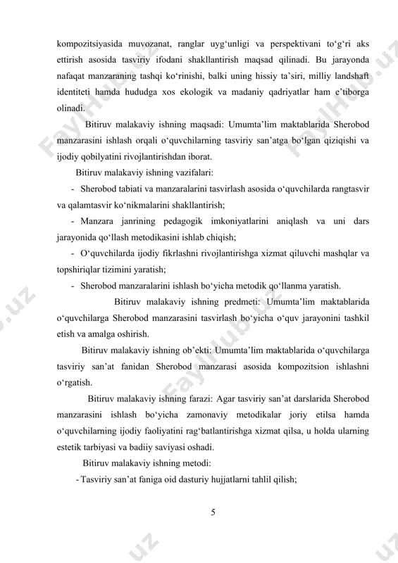 hidagi mashg‘ulotlarda va sherobod tumanidagi umumta’lim maktablarida amalga oshiriladi. bitiruv malakaviy ishning amaliy ahamiyati: ish natijalari asosida tasviriy san’at o‘qituvchilari uchun sherobod manzarasini ishlashga doir metodik tavsiyanomalar ishlab chiqiladi. bu esa o‘quvchilarning badiiy dunyoqarashini rivojlantirishga, ularni o‘z yurtining tabiatiga mehr va iftixor tuyg‘ulari bilan qarashga o‘rgatadi. bitiruv malakaviy ishning tuzilishi: 2 bob, 4 ta reja, xulosa va foydalanigan adabiyotlar ro’yxatidan iborat. i bob. sherobod manzarasini ishlash kompozitsiyasining nazariy asoslari 1.1. “sherobod qir adirlarida bahor” mavzusida manzara kompozitsiyasining mazmuni sherobod - o‘zining go‘zal tabiati, jozibali manzaralari va keng o‘lkaviy ko‘rinishlari bilan ajralib turadigan hududdir. sherobod manzarasini tasvirlash kompozitsiyasi, bir tomondan, ushbu hududning tabiiy go‘zalligini badiiy ifodalash maqsadida amalga oshiriladi, boshqa tomondan esa, badiiy san’atda rang va kompozitsiya orqali mazmunli, estetik va tarbiyaviy qiymatga ega bo‘lgan asarlar yaratish uchun muhim vosita hisoblanadi. sherobod manzarasini tasvirlashda kompozitsiyaning ahamiyati katta. manzara san’ati o‘zining ko‘p qirrali imkoniyatlari bilan tasviriy san’atning muhim janrlaridan biridir. ushbu janr …