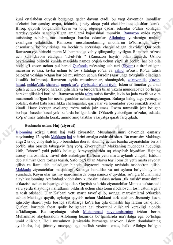 qolganidan keyin oʻqiladigan kechki namozdir. musulmonlar namozdan oldin yuvinishlari kerak; bu yuvishnish tahorat deb ataladi. namoz bir qator belgilangan pozitsiyalar bilan birga keladi, shu jumladan; qoʻllarni tizzaga qoʻyib ruku qilish, tik turish, sajda qilish va maxsus holatda oʻtirish har bir pozitsiya oʻzgarganda "alloh buyukdir" deyiladi va bu har bir holatda oʻqilishi kerak boʻlgan anʼanadir. musulmon har qanday joyda, masalan, idoralarda, universitetlarda va dalalarda namozini oʻqishi mumkin biroq,masjid namoz oʻqish uchun afzalroq joydir. hayz koʻrgan ayollar, balogʻatga yetmagan bolalar, aqliy va jismoniy nuqsonlari boʻlganlar namoz oʻqishlari shart emas. uchinchi ustun: zakot (sadaqa) islomning uchinchi ustuni zakotdir. [19] zakot poklanish demakdir, bu toʻlov mol-mulkining qolgan qismini qonuniy va diniy jihatdan pok qilishiga dalolat qiladi. ushbu ustunga rioya qilish orqali musulmonlar islom jamoatini qoʻllab-quvvatlash uchun oʻz boyliklaridan maʼlum miqdorda hayriya qilishlari kerak va bu odatda bir kishining boyligining 2,5% ni tashkil qiladi. bu amaliyot qur'onda emas, balki hadislarda mavjud. mablag' muayyan musulmon jamoasidagi …
