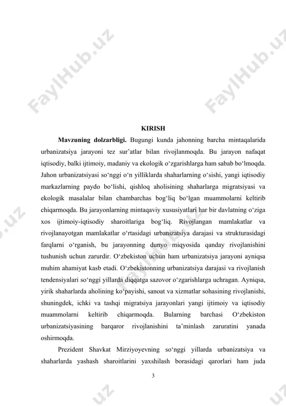 g yashash muhitini yaxshilash va aholining ijtimoiy farovonligini ta’minlashda katta ahamiyatga ega. kurs ishining maqsadi. urbanizatsiya jarayonining nazariy asoslarini, jahon miqyosida uning rivojlanish bosqichlari va mintaqaviy xususiyatlarini o‘rganish, shuningdek, o‘zbekiston shaharlarida urbanizatsiya jarayonining kechishini tahlil qilish hamda bu boradagi muammolar va ustuvor yo‘nalishlarni aniqlashdan iboratdir. kurs ishining vazifalari: · urbanizatsiyaning mohiyatini va nazariy asoslarini o‘rganish; · urbanizatsiya turlari va bosqichlarini tahlil qilish; · jahonning rivojlangan va rivojlanayotgan mamlakatlarida urbanizatsiya xususiyatlarini solishtirish; · o‘zbekistondagi urbanizatsiya holatini o‘rganish; · barqaror urbanizatsiya yo‘nalishlari bo‘yicha takliflar ishlab chiqish. kurs ishining predmeti. urbanizatsiya jarayonining rivojlanishi, uning ijtimoiy-iqtisodiy, demografik va hududiy jihatlardagi ta’siri hamda mintaqaviy xususiyatlarini o‘rganishdir. kurs ishining obyekti. jahon va o‘zbekiston miqyosida kechayotgan urbanizatsiya jarayonlari va ularning hududiy xususiyatlari. kurs ishining tuzilishi: kirish, 2 ta bob, umumiy xulosa va foydalanilgan adabiyotlar ro‘yxatidan iborat. i-bob. urbanizatsiyani oʻrganishning nazariy jihatlari 1.1. urbanizatsiya tushunchasi va uning mohiyati urbanizatsiya (lotincha urbanus — “shaharga oid”) — bu jamiyat hayotida …