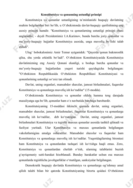 mas. zero, konstitutsiya va qonunlardan chetlab o‘tish, ularning talablarini buzish g‘ayriqonuniy xatti-harakat hisoblanadi. bunday harakatlar uchun esa maxsus qonunlarda tegishlicha javobgarliklar o‘rnatilgan, sanksiyalar belgilangan. demokratik huquqiy davlatda konstitutsiya va qonunlarga og‘ishmay amal qilish talabi bilan bir qatorda konstitutsiyaning birorta qoidasi o‘zbekiston respublikasi huquq va manfaatlariga zarar yetkazadigan tarzda talqin etilishi mumkin emasligi ham o‘rnatilgan bo‘ladi. o‘zbekiston konstitutsiyasining birorta qoidasi o‘zbekiston respublikasi huquq va manfaatlariga zarar yetkazadigan tarzda talqin etilishi mumkin emas. birorta ham qonun yoki boshqa normativ-huquqiy hujjat konstitutsiya normalari va qoidalariga zid kelishi mumkin emas (16-modda). o‘zbekiston respublikasi tashqi siyosatining konstitutsiyaviy asoslari va prinsiplari. o‘zbekiston respublikasi tashqi siyosatining asosiy prinsiplari konstitutsiyaning 17-moddasida o‘zining qonuniy aksini topgan. asosiy qonunimizning 17-moddasida shunday deyilgan: "o‘zbekiston respublikasi xalqaro munosabatlarning to‘la huquqli subyektidir. uning tashqi siyosati davlatlarning suveren tengligi, kuch ishlatmaslik yoki kuch bilan tahdid qilmaslik, chegaralarning daxlsizligi, nizolarni tinch yo‘l bilan hal etish, boshqa davlatlarning ichki ishlariga aralashmaslik qoidalariga va xalqaro huquqning umum …