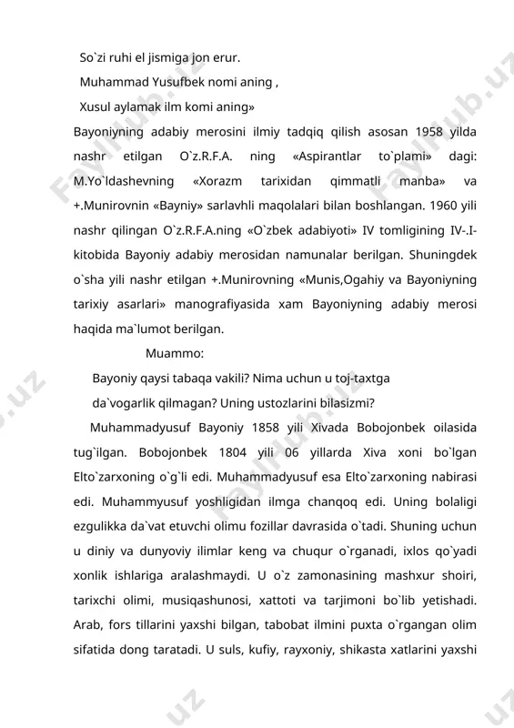 murod, saidmuhammad, muhammad rahim feruz, va asfaidiyorxon davri ifoda etilgan. bayoniy original tarixiy asarlar yozish bilan bir qatorda ko`pgina tarixiy asarlarni turli tillardan o`zbek tiliga tarjima qilgan. u mavlono darvesh ahmad tomonidan 1681 yili arab tilida yozilgan umumiy tarixga oid «sahoiful akbor» nomli asarni o`zbek tiliga tarjima qilgan. asar muqaddimasida bayoniyning o`zi quyidagi ma`lumotlarni keltiradi. «o`quvchilarga ma`lum bo`lsinki «saqoiful ahbor» kitobi arab ajam, turk, rum, rus, farang, xind, arman va umuman hamma mamlakatlarda bo`lgan tarixiy voqealarni o`z ichiga oluvchi bir asardir» shuningdek bayoniy a. navoiy muxitida yashagan shoir va tarixchi muxammad al xiraviy-binoiyning 1512 yili yozilgan «shayboninoma» asarini ham forschadan o`zbek tiliga tarjima qilgan. asar muqaddimasida shoir tarjimon bayoniy nihoyatda kamtarlik bilan bitgan qit`ada: bu nomaga kim bayoniy urdi qalamin, yuz ming tashvish bila etdi raqamin. kim ko`rsa xatosin etgay albatta sahih, zinhor darig` qilmagay karamin. bayoniyning o`z qo`li bilan yozilgan bu kitob, juda qimmatli nushadir. kitob mutarjimning dastxatida ekanligini …