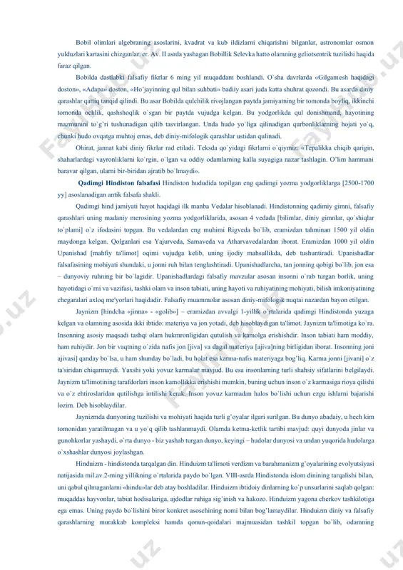 ongiga qarashlarga doir ta'limotlarni yaratish zaruriyati; b] olamning boshlang’ich asoslari va rivojlanish qonuniyatlarini ishlab chiqish kеrakligi; v] olam haqidagi tafakkurning oqilona uslubiga mantiqiy fikrlashga va bilish nazariyasiga tug’ilgan ehtiyojlar paydo bo`lganligi; g] afsonaviy va diniy tasavvurlardagi hayoliy fikrlarga asoslangan odamlarning ilmiy bilishdagi falsafiy tafakkur qilishdagi ongsizlikka barham bеrish zaruriyati. falsafaning rivojlanib borishi jarayonida undan dastlab matеmatika, gеomеtriya, astronomiya [er.av i-ii asr va er. i-ii asrlari], kеyinchalik fizika, himiya,biologiya fiziologiya, so`ngra ijtimoiy va gumanitar fanlar ajralib chiqdi. bu fanlar avval dalillar to`plash, ularni bir, tizimga solish va umumlashtirish bilan shug’ullandilar. qadimgi sharq falsafasida ham, antik dunyo falsafasida ham dunyoning ayrim tomonlarini alohida o`rganayotgan fanlar o`rtasidagi aloqadorlik va bog’lanishlarni tahlil eta boshlagani uchun fanlar go`yo falsafaning qismlari sifatida tasavvur etildi va falsafani «fanlar fani» dеb e'lon qilindi. qadimgi misr adabiyotining nodir asari «arfist qo`shig’i» da dinni rad etuvchi fikrlar bor. unda: «ulganlardan hеch biri qaytib kеlgan emas va ohirat haqida so`zlab bеrgan …