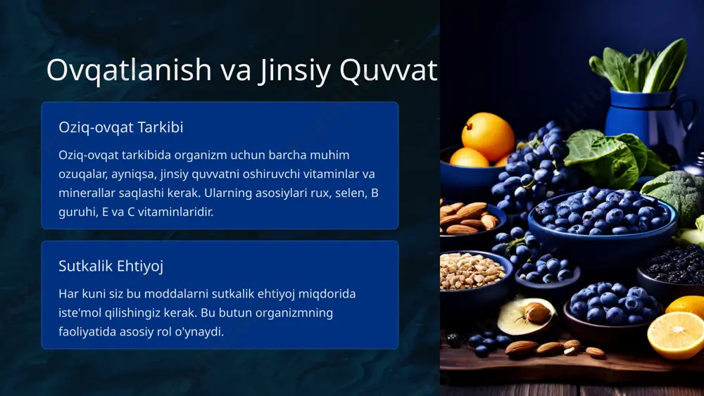 tiradi, balki ayol jinsiy gormoni — estrogen darajasini oshiradi. erektil disfunktsiya bu esa nafaqat erektil disfunktsiyaga olib keladi, balki erkaklarning umumiy salomatligini yomonlashtiradi. bel aylanasi ortiqcha vaznni tashxislash uchun, erkak beli aylanasini o'lchash kerak — 94 sm yoki undan ko'prog'i semirishni ko'rsatadi. 5 zararli odatlar va jinsiy quvvat spirtli ichimliklar spirtli ichimliklar, sigareta chekish va giyohvand moddalarni iste'mol qilishdan bosh torting. zararli odatlar erkaklarning eng yomon dushmani ekanligi allaqachon shifokorlar tomonidan tasdiqlangan. jinsiy quvvatni yaxshilash faqat zararli odatlardan xalos bo'lishning o'zigina erkaklarning jinsiy quvvatini sezilarli darajada yaxshilaydi. 6 o'troq hayot tarzi va jinsiy quvvat jinsiy quvvat kamayishi o'troq hayot tarzi jinsiy quvvatni kamaytirishga qodir. qayd etilishicha, o'troq kasb egalarining erlik quvvati jismoniy faoliyat bilan shug'ullanadigan kasb egalariga nisbatan zaifroq bo'ladi. jismoniy faollik shuning uchun uy sharoitida jinsiy quvvatni kuchaytirishning yana bir samarali usuli — bu jismoniy faollik va faol sport bilan shug'ullanishdir. 7 psixologik omillar va jinsiy quvvat psixologik siqilishlar …