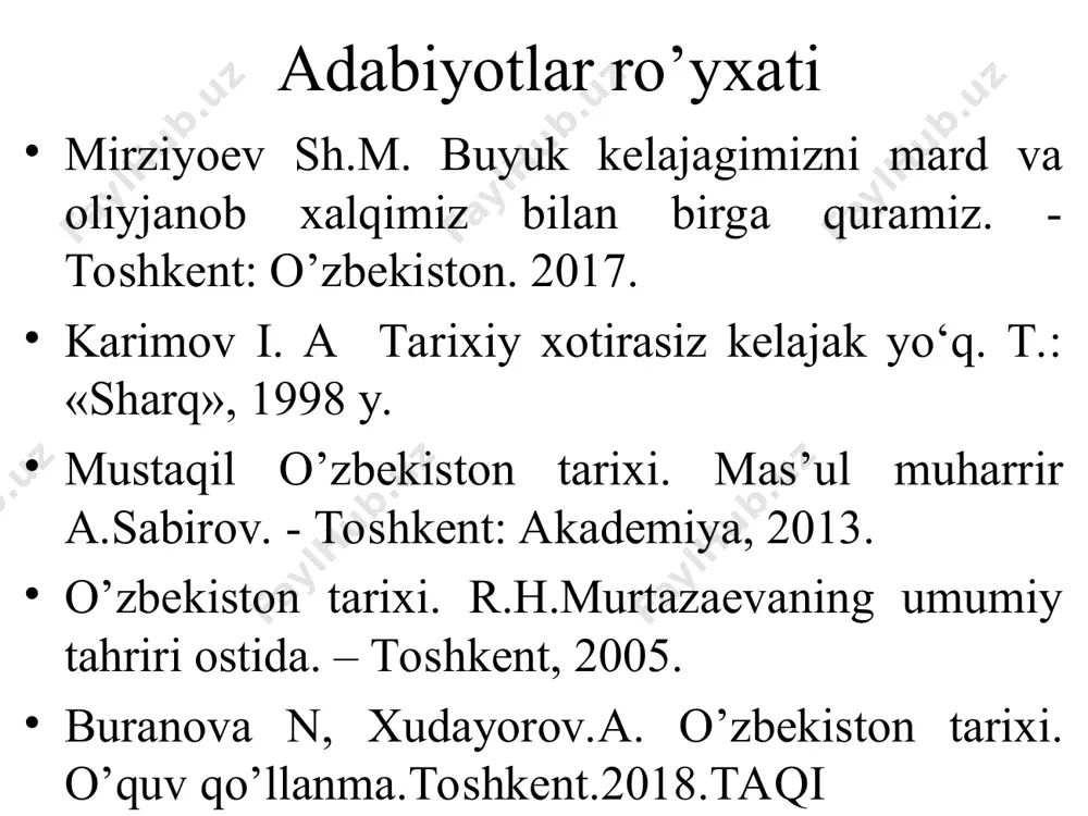 nomli maqolasida yozadi: “tarixning foydalaridan ba’zisi ushbudirki, bir millatning na tariqada, qaysi yo‘l ila taraqqiy etganin o‘qib, ibrat olmoq yoki bir millatning na sabablardan tanazzul etib, oxiri munqariz bo‘lib (tugab-bitib) ketganin o‘qub mundan ham istifoda etmak mumkindir” onore de bal’zak ikkita tarix mavjud: yolg’ondan iborat rasmiy tarix… va voqealarning haqiqiy sabablari ko’rinib turadigan mahfiy tarix ўзингда мавжуд хатолар туфайли бошқаларни айблаш ва хатоларни тузатишни, аввало, ўзингдан бошламагунингча иймон ҳақиқатига эриша олмайсан. энг аввал ўзининг хатоларини тузатувчи бандани аллоҳ хуш кўради. «ўғил қизларимизга – 1000 ўгит» китобидан. «ўзбекистоннинг янги тарихи»ни тайёрлаш ва нашр этиш тўғрисида 445-сон 16.12.1996. ўзбекистон республикаси вазирлар маҳкамасининг қарори «ўзбекистоннинг янги тарихи»ни тайёрлашда хix асрнинг ўрталаридан ҳозирги кунгача халқимиз ҳаётида содир бўлган тарихий босқичларни ва ўзгаришларни тўла қамраб олишга эътибор берилсин. биринчи президентимиз ислом каримов 1998 йил июнь ойида бир гуруҳ тарихчи олимлар билан бўлган учрашувда улар олдига халқимиз ва ватанимиз тарихини янги назарий-методологик асосларда ўрганишни ва тадқиқ …