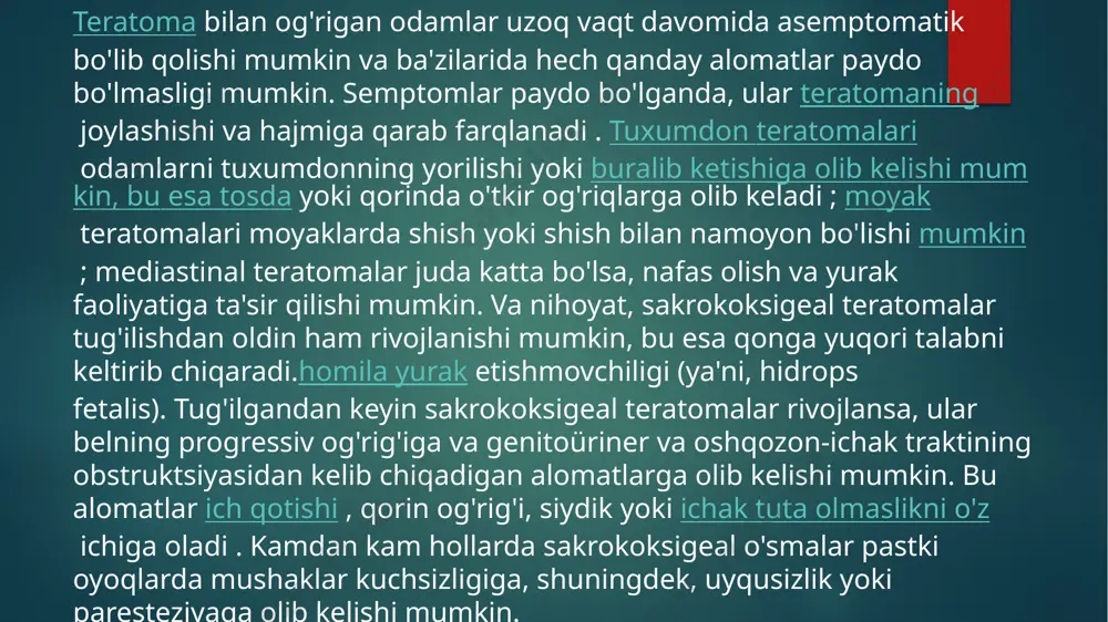enukleatsiyasi - bir tomonlama kasalligi bo'lgan bemorlarning ko'pchiligi rivojlangan ko'z ichi kasalligi bilan namoyon bo'ladi, shuning uchun odatda enukleatsiyadan o'tadi, bu esa 95% davolashga olib keladi. ikki tomonlama rbda enukleatsiya odatda ma'lum bo'lgan barcha samarali davolash usullari muvaffaqiyatsizlikka uchragan yoki foydali ko'rish qobiliyatiga ega bo'lmagan ko'zlar uchun ajratiladi. tashqi nurli radioterapiya (ebr) - ebr uchun eng keng tarqalgan ko'rsatkich kimyoterapiya va mahalliy terapiya tugagandan so'ng faol yoki takroriy kasalligi bo'lgan ikki tomonlama retinoblastomali yosh bolada ko'zdir. biroq, ebr terapiyasini olgan irsiy kasalligi bo'lgan bemorlarda ikkinchi saraton xavfi 35% ga teng. [33] brakiterapiya radioaktiv implantni (blyashka) joylashtirishni o'z ichiga oladi, odatda o'simta poydevoriga ulashgan skleraga. u asosiy davolash usuli sifatida yoki ko'pincha kichik o'smalari bo'lgan bemorlarda yoki dastlabki terapiya, shu jumladan oldingi ebr terapiyasi muvaffaqiyatsiz bo'lgan bemorlarda qo'llaniladi. termoterapiya to'g'ridan-to'g'ri o'simtaga issiqlikni qo'llashni o'z ichiga oladi, odatda infraqizil nurlanish shaklida. kichik o'smalar uchun ham qo'llaniladi. lazerli fotokoagulyatsiya faqat kichik orqa o'smalar …
