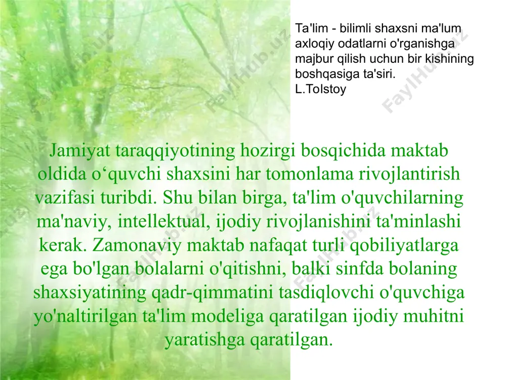 a yo'naltirilgan ta'limni farqli jihatlari an'anaviy shaxsga yo'naltirilgan ta'lim bir turdagi material har xil turdagi va shakllardagi materiallar "maktab - bu har bir bola o'zini noyob, betakror shaxs sifatida namoyon qilishi kerak bo'lgan ijtimoiy muassasadir." – i.s.yakimanskaya: