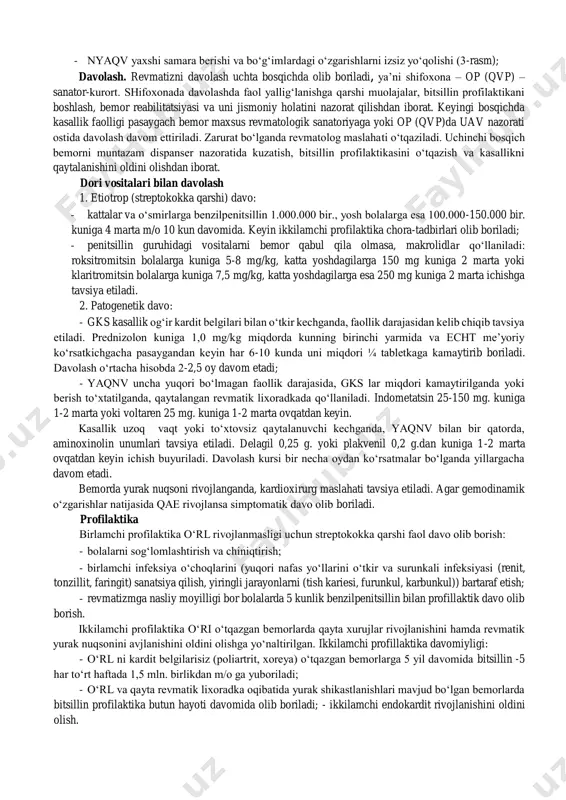 a berish uchun birlamchi tizimda ishlayotgan uavdan chuqur bilim va tajriba talab etiladi. bo‘g‘im sindromi bilan kechuvchi kasalliklar to‘g‘risida ma’lumot berishdan oldin bo‘g‘im tuzilishi va faoliyati to‘g‘risida qisqacha to‘xtalib o‘tamiz. anatomik tuzilishiga ko‘ra uch turdagi bo‘g‘imlar tafovit etiladi: sinartrozlar (harakatsiz), simfizlar (yarim harakatli) va diartrozlar (harakatchan). shifokorlar uchun diartrozlar, ya’ni bir-biridan to‘liq gialinli tog‘ay bilan ajratilgan, yuzasi fibroz kapsula bilan o‘ralgan bo‘g‘imlar ahamiyatli hisoblanadi. bo‘g‘im kapsulasi tashqi (fibrozli) va ichki (sinovial) qavatlardan iborat. fibroz qavat kollagen boylamlaridan tashkil topgan bo‘lib, sinovial qobiq bilan uzviy bog‘langan. u bo‘g‘imni tashqi muhit ta’siridan ximoya qiladi. sinovial qobiq to‘g‘ridan- to‘g‘ri bo‘g‘im bo‘shlig‘i bilan bog‘liq bo‘lib, qon tomirlari, limfa kapillyarlari va nerv tolalariga boy. u tarkibida qon plazmasidagi barcha elementlari mavjud bo‘lgan suyuqlik ishlab chiqaradi. bu suyuqlik diffuziya yo‘li bilan bo‘g‘imning tog‘ay qismini oziqlantiradi va uning yuzasi ishqalanishini kamaytiradi hamda keraksiz moddalarni olib chiqadi. bo‘g‘im sindromi bir nechta simptom va sindromlarni birga kelishi bilan namoyon …