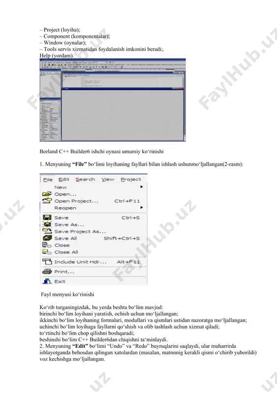 g dasturi operatorlarning minimal ketma-ketligidan iborat, bu dastur bajarilganda bu ilova oynasi windows muhitida ochiladi. dasturchi bu modulni kerakli operatorlar bilan to‘ldirishi mumkin. obyekt inspektori oynasi - forma oynasi bilan bog‘liq. forma oynasida joylashgan komponentalar o‘zining ko‘rinishini, o‘lchamini va boshqa xossalarini forma oynasida o‘zgartirishi mumkin. obyekt daraxti oynasi - bu oynada formadagi ob’yektlarining daraxt ko‘rinishi beriladi. borland c++ builder6 asosiy menyusi borland c++ builder6 asosiy menyusi quyidagi bo‘limlarni o‘z ichiga oladi: – file (fayl); – edit (taxrir); – search (izlash); – view ( ko‘rish); – compile (kompilyatsiya); – run (bajarish); – project (loyiha); – component (komponentalar); – window (oynalar); – tools servis xizmatidan foydalanish imkonini beradi;. help (yordam). borland c++ builder6 ishchi oynasi umumiy ko‘rinishi 1. menyuning “file” bo‘limi lоyihаning fаyllаri bilаn ishlаsh ushunmo‘ljallangan(2-rasm): fаyl menyusi ko‘rinishi ko‘rib turgаningizdаk, bu yerdа beshtа bo‘lim mаvjud: birinchi bo‘lim lоyihаni yaratish, ochish uchun mo‘ljаllаngаn; ikkinchi bo‘lim lоyihаning fоrmаlаri, mоdullаri vа qismlаri ustidаn nаzоrаtgа …