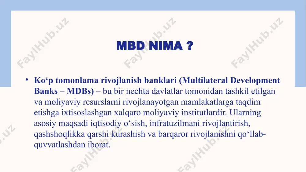 ridir. mdblar har yili dunyo bo‘ylab rivojlanish dasturlariga 190 milliard aqsh dollaridan ortiq mablag‘ yo‘naltirib, asosan rivojlanayotgan davlatlarga moliyaviy yordam ko‘rsatadi. shu sababli ular global rivojlanish kun tartibida va g20 muhokamalarida muhim o‘rin egallaydi. biroq, jahon mdblardan yanada ko‘proq ishtirok va moliyaviy ko‘mak kutmoqda. bmt barqaror rivojlanish maqsadlarini (sdg) amalga oshirish uchun zarur bo‘lgan moliyaviy va investitsiya ehtiyojlari har yili 2,5 trillion aqsh dollaridan 4 trillion aqsh dollarigacha yetadi. global miqyosda investitsiya ehtiyojlarining taxminan 43 foizi transport sektoriga to‘g‘ri keladi. g20 baholariga ko‘ra, mdblar har yili qo‘shimcha kamida 200 milliard aqsh dollari miqdorida mablag‘ jalb qilishi kerak. moliyalashtirish ehtiyojlari juda katta — barqaror infratuzilma va inson kapitalini rivojlantirish, global iqtisodiy o‘sishni rag‘batlantirish hamda bmtning barqaror rivojlanish maqsadlariga erishish uchun ko‘proq kapital va mdblar tomonidan mablag‘lardan samarali foydalanish talab etiladi. ko‘p tomonlama rivojlanish banklarining (mdb) kreditlash imkoniyatlarini kengaytirishning eng oddiy usuli mavjud aksiyadorlardan kapital jalb qilishdir. kapital hajmining oshishi mdbning moliyaviy …
