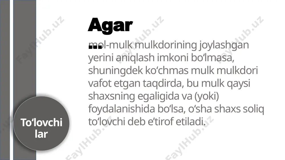 nshootlar shaharlarda joylashgan uy-joylar va kvartiralar, umumiy maydoni 200 kv.m dan ortiq va 500 kv.m gacha boʻlgan 0,41% 500 kv.m dan ortiq boʻlgan 0,55% 0,31% soliq stavkalari quyidagi miqdorlarda belgilanadi: boshqa aholi punktlarida joylashgan, umumiy maydoni 200 kv.m dan ortiq boʻlgan uy-joylar va kvartiralar, dala hovli imoratlari tadbirkorlik faoliyati uchun yoxud yuridik shaxsga yoki yakka tartibdagi tadbirkorga ijaraga berishda foydalaniladigan soliq solish ob’yektlari, shuningdek tadbirkorlik faoliyati va (yoki) daromadlar olish uchun moʻljallangan, yashash uchun moʻljallanmagan koʻchmas mulk ob’yektlari 1,5% koʻchmas mulkka boʻlgan huquqlarni davlat roʻyxatidan oʻtkazishni amalga oshiruvchi organlar tomonidan roʻyxatga olinmagan yangi qurilgan uy-joylarga nisbatan soliq stavkasi koʻchmas mulkka boʻlgan huquqlarni davlat roʻyxatidan oʻtkazishni amalga oshiruvchi organlar tomonidan taqdim etilgan axborot asosida mulkning shartli qiymatiga nisbatan ikki baravar miqdorida qoʻllaniladi. % soliq stavkasi qoʻllashning ayrim qoidalari hududlarning va faoliyat amalga oshiriladigan joylarning xususiyatlarini hisobga olgan holda qoraqalpogʻiston respublikasi joʻqorgʻi kengesi, xalq deputatlari, viloyatlar va toshkent shahar kengashlari oʻrnatilgan soliq …