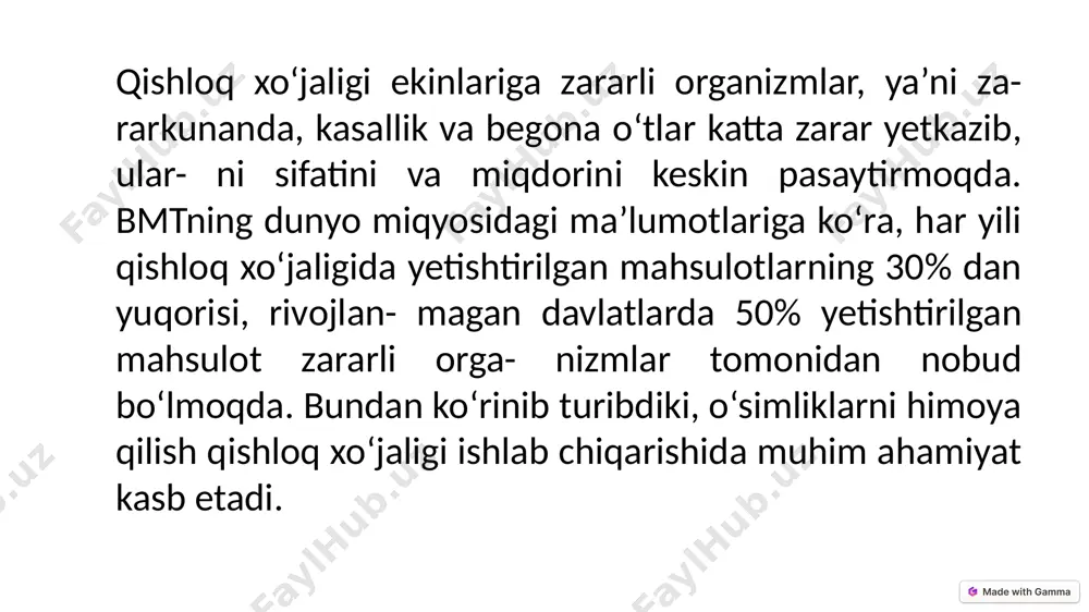 unanda deb e’lon qilingan. bu zararkunanda tasodifan kelib qolganda sitrus ekinlari yetishtirilayotgan hududlarda-qora dengiz bo‘ylari, kavkaz va ozarbayjonda iqlimlashishi, rivojlanib zarar yetkazishi mumkin. tuxum fazasida qishlaydi. yaponiyada 2-3 ta avlod berishi aniqlangan. asosan sitrus ekinlarni (apelsin, limon), uzum shingilini, har xil palma daraxtlarini zararlaydi. meva, shoxlar, poyalar, barglarga tarqalib, meva va barglar to‘kiladi, ildizi yoriladi. karantin tadbirlar va kurash choralari: zararkunanda ko‘plab tarqalgan mamlakatlardan urug‘ va ekish uchun mo‘ljallangan ko‘chatlarni o‘zbekistonga keltirish man etiladi. seleksiya va ilmiy-tadqiqot ishlarini olib borish uchun olingan materiallar, introduksion karantin ko‘chatzorlarda qayta tekshiriladi va zararkunanda borligi aniqlangandan so‘ng, ular yig‘ib olinib, zararsizlantiriladi yoki kuydiriladi. bu zararkunandaga qarshi avstraliyada sinil kislota, argentina va kolumbiyada mineral moyli eritmadan foydalaniladi. ko‘chatlar tavsiya etilgan fumigantlar bilan fumigatsiya qilinadi. bunda keltirilgan mahsulotlarda qo‘ng‘izlar bo‘lishining oldini olinadi. qizil achchiq apelsin qalqondori (aonidiella aurantii maskell,1879) teng qanotlilar (homoptera)turkumi, qalqondorlar (diaspididae) oilasiga mansub bo‘lib, sitrus ekinlarining xavfli zararkunandasi hisoblanadi. bu tur tropik va …