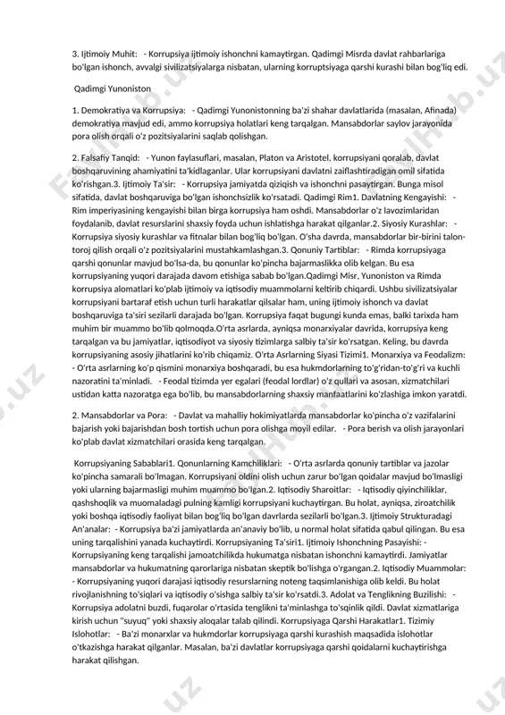 'sqinlik qiladi. korrupsiya — bu davlat organlari, xususiy sektor yoki jamoat tashkilotlarida mansabdor shaxslarning shaxsiy manfaatlari uchun qonun va qoidalarni buzishi holatidir. korrupsiyaning turli shakllari, sabablari va oqibatlari bor. quyida bu tushunchani kengroq yoritishga harakat qilaman. korrupsiyaning asosiy tushunchalari1. korrupsiyaning shakllari: - pora berish va olish: korrupsiyaning eng keng tarqalgan shakli. mansabdor shaxslar o'z vazifalarini bajarish yoki bajarishdan bosh tortish uchun pul yoki boshqa foydalar oladilar. - suiiste'mol: davlat mablag'larini, resurslarini yoki hokimiyatni shaxsiy foyda uchun ishlatish. - qonun va qoidalarni buzish: qonunlarga zid ravishda qarorlar qabul qilish yoki ko'riladigan tadbirlarda shaxsiy manfaatlarni ko'zlash. 2. korrupsiyaning sabablari: - iqtisodiy sabablarga ko'ra: o'sha joyda iqtisodiy imkoniyatlar cheklangan bo'lsa, korrupsiya xavfi oshadi. qashshoqlik, ishsizlik va imkoniyatlar tanqisligi mansabdorlar uchun pora olishga rag'batlantiradi. - siyosiy sabablarga ko'ra: siyosiy muhit, qonun va tartiblar bo'shligi, shuningdek, ijtimoiy adolatsizliklar korrupsiyaning ko'payishiga olib keladi. - madaniyat va an'analar: ba'zi jamiyatlarda korrupsiya normal holat sifatida qabul qilinishi mumkin, …