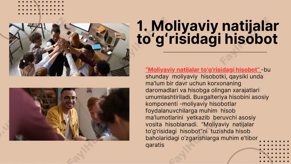 aro va milliy standartlarga mosligini tekshirish orqali investorlar, kreditorlar va manfaatdor tomonlar uchun ishonchli ma’lumotlar taqdim etishga xizmat qiladi. xulosa thank you