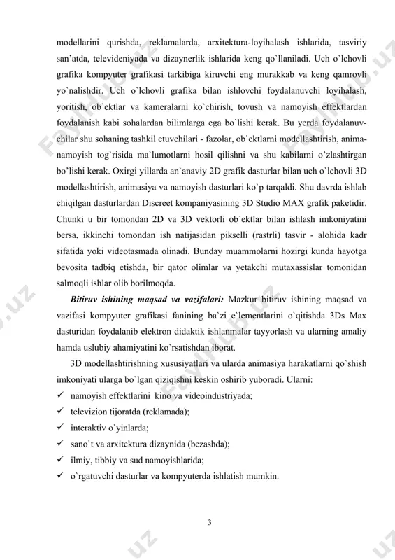 ga oshirish jarayonini boshqarish vositasi. dastur ekranini shartli tarzdi beshta asosiy elementlarga ajratish mumkin: main menu (bosh menyu). dastur ekranining yuqori qismda joylashgan va bu menyu 3 ds max dasturiga asosiy buyruqlar bilan murojaat qilishni ta’minlay- di. barcha buyruqlar menyusi toifalar bo’yicha birlashtirilgan. dastur ishga tushi- rilganidan so’ng 3ds max grafik redaktorning ishchi oynasi ochiladi. bosh menu quyidagi meny bandlaridan iboratdir file (файл), edit (правка)-tahrirlash, tools (сервиc), group,views, great (создать)-yaratish, modifiers, animation, grafeditor, rendering (визуализация)-vizuallash, customize, maxscript, help(помощь)-yordam. · main toolbar (qurilmalar bosh paneli).odatda u bosh menyu ostida joyla- shadi, ammo “suzuvchi” panel ko’rinishida aks ettirilishi yoki ekranning boshqa joyida joylashishi ham mumkin. toifalar bo’yicha ajratilgan, to’plam bilan bir- ga qurilmalar tarkibida joylashgan yoki yakka bo’lishi mumkin. dastur amallari va qo’llanuvchi buyruqlar tezkor murojaatlar tugmachasidan tashkil topadi. · viewports (proyeksiya ekrani) ekranning markazida joylashgan va uning katta qismini egallaydi. to’rtta ajratilgan ko’rinishda devor proyeksiyasi - yuqori tor (yuqori), yonbosh left …