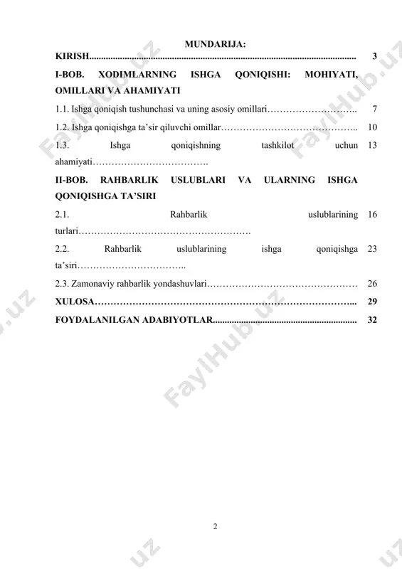 dashuvlarini joriy etishni ko‘zda tutadi. 2017-yil 24-maydagi pq-3001-sonl[footnoteref:1]i qaror asosida bandlik va mehnat munosabatlari vazirligi faoliyatining qayta ko‘rib chiqilishi hamda xodimlar bilan ishlashdagi yondashuvlarni takomillashtirish vazifasi belgilandi. bu qaror mehnat muhitini insonparvarlashtirish, xodimlar huquqlarini himoya qilish va ular uchun munosib ish sharoitlarini yaratishga xizmat qilmoqda. shuningdek, 2022-yil 28-iyundagi pf-162-sonli[footnoteref:2] prezident farmoni bilan davlat boshqaruvi tizimida samarali rahbarlik mezonlarini joriy etish, xodimlarning ishga bo‘lgan munosabati va mas'uliyatini oshirishga doir chora-tadbirlar ko‘zda tutilgan. bunda rahbar va jamoa o‘rtasidagi sog‘lom munosabatlar, xodimlarning tashabbuskorligi va mehnatdan qoniqish holatini oshirish orqali tashkilotlar faoliyatini samarali boshqarish ustuvor yo‘nalishlardan biri sifatida belgilangan. [1: o‘zbekiston respublikasi prezidentining 2017-yil 24-maydagi “o‘zbekiston respublikasi bandlik va mehnat munosabatlari vazirligi faoliyatini tashkil etish to‘g‘risida”gi pq-3001-sonli qarori.] [2: o‘zbekiston respublikasi prezidentining 2022-yil 28-iyundagi “davlat boshqaruv tizimini isloh qilish va soliq ma'muriyatchiligini takomillashtirish chora-tadbirlari to‘g‘risida”gi pf-162-sonli farmoni.] bugungi kunda har bir tashkilot uchun mehnat unumdorligi, tashkiliy madaniyat va natijadorlikni ta'minlashda rahbarlik uslubi va xodimlarning …