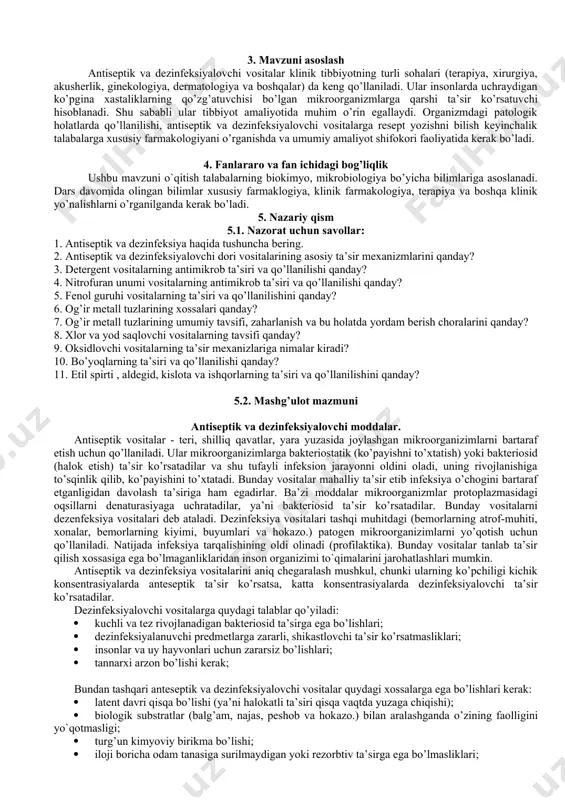 . oksidlovchi vositalarning ta’sir mexanizlariga nimalar kiradi? 10. bo’yoqlarning ta’siri va qo’llanilishi qanday? 11. etil spirti , aldegid, kislota va ishqorlarning ta’siri va qo’llanilishini qanday? 5.2. mashg’ulot mazmuni antiseptik va dezinfeksiyalovchi moddalar. antiseptik vositalar - teri, shilliq qavatlar, yara yuzasida joylashgan mikroorganizimlarni bartaraf etish uchun qo’llaniladi. ular mikroorganizimlarga bakteriostatik (ko’payishni to’xtatish) yoki bakteriosid (halok etish) ta’sir ko’rsatadilar va shu tufayli infeksion jarayonni oldini oladi, uning rivojlanishiga to’sqinlik qilib, ko’payishini to’xtatadi. bunday vositalar mahalliy ta’sir etib infeksiya o’chogini bartaraf etganligidan davolash ta’siriga ham egadirlar. ba’zi moddalar mikroorganizmlar protoplazmasidagi oqsillarni denaturasiyaga uchratadilar, ya’ni bakteriosid ta’sir ko’rsatadilar. bunday vositalarni dezenfeksiya vositalari deb ataladi. dezinfeksiya vositalari tashqi muhitdagi (bemorlarning atrof-muhiti, xonalar, bemorlarning kiyimi, buyumlari va hokazo.) patogen mikroorganizimlarni yo’qotish uchun qo’llaniladi. natijada infeksiya tarqalishining oldi olinadi (profilaktika). bunday vositalar tanlab ta’sir qilish xossasiga ega bo’lmaganliklaridan inson organizimi to`qimalarini jarohatlashlari mumkin. antiseptik va dezinfeksiya vositalarini aniq chegaralash mushkul, chunki ularning ko’pchiligi kichik konsentrasiyalarda anteseptik ta’sir …