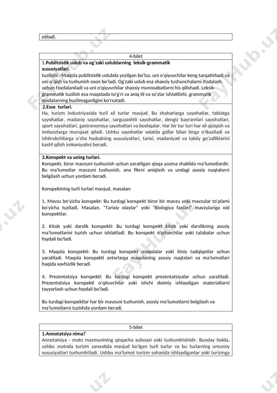 ng fikrini rivojlantirishda va tarbiyalashda juda muhimdir. shuningdek, publisistik matnda yozuvchi o'qituvchilar obyektivlik, to'g'ri ma'lumotlar, ko'ngil muhabbat, oqitish va ko'rsatish prinsiplariga amal qilib, o'quvchilarga yaxshi ta'lim berishadi va ularning tushunchalarini rivojlantiradi. 3-bilet 1.reja va uning turlari 1. obyektivlik - yozuvchilar ma'lumotlarni obyektiv va to'g'ri tarzda taqdim etish uchun harakat qilishi kerak. 2. ko'ngil muhabbat - yozuvchilar o'qituvchilar va o'quvchilarning diqqatini jalb etish uchun matnlarni ko'ngil muhabbat bilan yozishi kerak. 3. oqitish - publisistik matnda yozilgan ma'lumotlar bilan o'qitish va tarbiyalash maqsadida yozilishi mumkin. 4. ko'rsatish - yozuvchi o'z fikr va tushunchalarini ko'rsatish orqali o'qituvchilarning fikrini ifodalashi mumkin. 2.ilmiy uslubga xos xususiyatlar 5. nazariylik - yozuvchi ma'lumotlarni nazariy va ilmiy tarzda taqdim etishi kerak. 6. tahlil - ma'lumotlarni tahlil qilish, ularning o'zaro munosabatlari va ta'siri haqida fikr bildirish kerak. 7. dalillar bilan isbotlash - yozuvchilar ma'lumotlarni ilmiy dalillar bilan isbotlash va amaliy misollar bilan ta'minlashi kerak. 8. mustaqil fikr bildirish - …