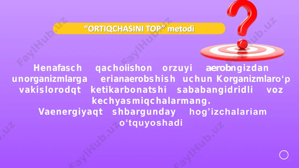 o‘lishiga olib kelgan. nafas muskullarining bir tekis qisqarishi nafas olishni taʼminlaydi. bu muskullar qisqarganda koʻkrak qafasining hajmi kattalashib, tashqi muhitdan havo kiradi. bo‘shashganda esa tashqi muhitga havo chiqib ketadi odamning nafas olish sistemasi odamning nafas olish sistemasi ✓ burun bo‘shlig‘i, ✓ hiqildoq, ✓ kekirdak, ✓ bronxlar ✓ o‘pkadan iborat “10 ta dalil ” metodi i guruh uchun topshiriq 1. bir hujayrali hayvonlar qanday nafas olishiga hos xususiyatlar ii guruh uchun topshiriq 2. bo‘shliqichlilar bilan bir hujayrali hayvonlarning nafas olish sistemasidagi o‘xshashliklar iii guruh uchun topshiriq 3. bo‘g‘imoyoqlilar tipi vakillarida nafas olish organlari xilma-xil tuzilishidagi sabablar “bir daqiqa” metodi i guruh uchun topshiriq uy sichqonlari bir daqi qada 80–230 marta nafas oladi, qu yon 30–60 marta, mushuk 20–30 marta, qora mollar 10–30 marta, fil 4–12 marta, ko‘k kit esa bir soatda bir marotaba nafas olishi mumkin. yuqoridagi ma’lumotlarni qanday xulosalash mumkin 1. ii guruh uchun topshiriq anaerob sharoitda yashaydigan organizmlarda nafas …