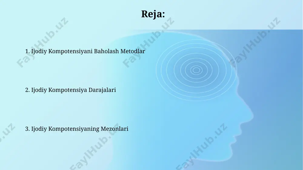 ayonni boshqarish ijodiy guruhdagi 4 kishidan kamida 1 kishi professional loyiha menejeri bo'lishi, toshkentdagi amaliyotlar shuni ko'rsatadiki, loyihalarning muvaffaqiyat darajasini 15% ga oshiradi. ижодий жараённи бошқаришда 5 bosqichli modelni qo'llash, masalan, taylanddagi dizayn studiyalarida keng qo'llaniladi va 30% samaradorlikni oshirishga yordam beradi. ijodiy hamkorlik ijodiy hamkorlik jarayonida 7 nafar ishtirokchi 2 oy davomida toshkent shahrida yangi dasturiy ta’minot yaratish bo‘yicha birgalikda ishlagan va natijada 2 ta patentga ega bo‘lishgan. o‘zbekistonning 3 ta mintaqasidan 10 dan ortiq mutaxassisni birlashtirgan ijodiy hamkorlik loyihasi, 1 million so‘mdan ortiq daromad keltirib, iqtisodiy samaradorlikni 2 barobar oshirdi. ijodiy kompotensiyaning mezonlari ijodkorlik kompetensiyasining 3 darajali modeli (boshlangʻich, oʻrta, yuqori) 2023-yilgi toshkent shahridagi tadqiqotlar natijalariga koʻra, ijodiy fikrlashni baholashda muhim mezon hisoblanadi. ijodkorlik kompetensiyasini aniqlashda 5 ta asosiy koʻrsatkich (yangilik, oʻziga xoslik, moslashuvchanlik, qatʼiyatlilik, samaradorlik) samarqand davlat universiteti tomonidan ishlab chiqilgan testda qoʻllaniladi. ijodiy fikrlashning darajalari ikkinchi darajadagi (2-daraja) ijodiy fikrlash murakkabroq muammolarni 5-7 ta turli xil …