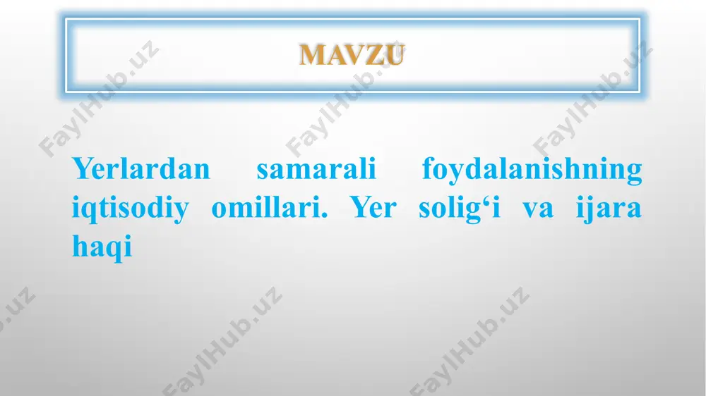 a boʻlgan maʼlumot asosida hamda 5 yilda bir marta umumlashtirib tuziladi. qishloq xo`jaligining samaradorligiga taʼsir etuvchi tabiiy va ijtimoiy omillarni eʼtiborga olgan holda tuproq bonitirovkasi yoki yerning iqtisodiy bahosini bilmay turib yerdan foydalanish darajasini toʻgʻri aniqlash mumkin emas. (qarang yerni iqtisodiy baholash) xoʻjaliklarda yerdan foydalanish tahlili biriktirilgan yerlarning sifatini (tabiiy unumdorligini) hisobga olish (yerning iqtisodiy bahosi boʻlsa yanada maqbul) katta ahamiyatga ega. bunda xoʻjalikdagi oʻrtacha tuproq bali (b)ga nisbatan 1 gektar (100 ga) uchun yerning tabiiy unumdorligidan toʻla va toʻgʻri foydalanish samaradorlik omillaridan biri. yerdan foydalanish darajasining asosiy koʻrsatkichlaridan biri boʻlgan mahsulot tannarxini yerning sifati asosida taxlil qilishda (eng arzon tannarx etalon qilib olinadi) quyidagi formuladan foydalaniladi: s=s-s(b-b), bunda s—koʻrilayotgan xoʻjalikda 1 s mahsulot tannarxi (s/soʻm); s—etalon uchun olingan xoʻjalikda 1 ballga toʻgʻri keladigan narx (soʻm); b—etalon uchun olingan xoʻjalik bali (ball); b—koʻrilayotgan xoʻjalik yer bali. yer soligʻi — yerdan foydalanganlik uchun davlatga majburiy toʻlanadigan soliq turi. iqtisodiy mohiyati boʻyicha …