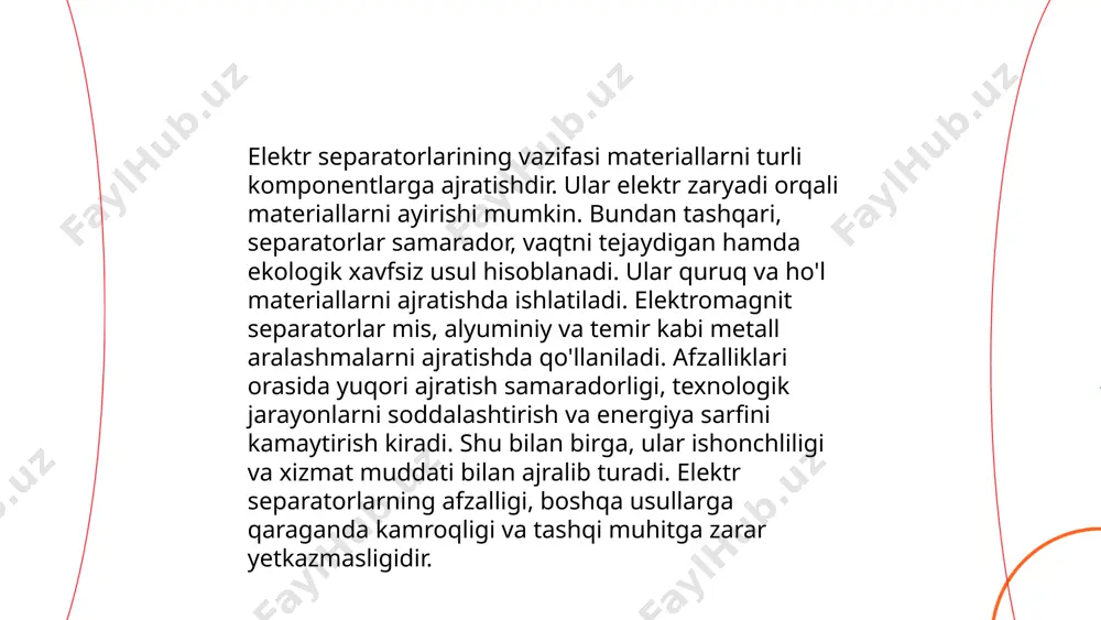 slaydai_bot elektr separatorlarning ishlash samaradorligiga bir qator omillar ta'sir ko'rsatadi. samaradorlikni oshirish uchun ajratilishi lozim bo'lgan moddalar o'rtasida yetarli miqdorda elektrostatik kuchlar hosil qilinishi kerak. optimal samaradorlik uchun separatorlar o'rtacha 85-95% ajratish qobiliyatiga ega bo'ladi. yaxshi dizaynlangan separatorlarda kuchlanish 30-50 kv gacha yetishi mumkin. materialning nisbiy namligi past bo'lishi, ya'ni 2-5% oralig'ida saqlanishi lozim. havo temperaturasi va tezligi ham muhim bo'lib, u juda baland bo'lmasligi kerak. samaradorlikni o'lchash uchun yetakchi parametrlar sifatida chiqindi tarkibi va foydali komponentlar ajratilishi tahlil qilinadi. ... t.me/slaydai_bot magnit materiallar asosan ferro-, ferri- va paramagnit moddalardan iborat bo'lib, sanoat separatorlarida ajratish jarayonida qo'llaniladi. kenja partikalarning magnit xususiyatlariga asoslangan holda, magnit separatorlar rudani boyitishda, metall chiqindilarni qayta ishlashda va oziq-ovqat sanoatida keng qo'llaniladi. ferrit va neodim magnitlari yuqori magnit o'tkazuvchanlikka ega bo'lib, ularning magnit maydon kuchi 0,2 dan 2 tesla gacha bo'lishi mumkin. magnetik separatorlar samaradorligi erkak magnit kuchi va separator dizayniga qarab oshadi. ular noorganik aralashmalarni …