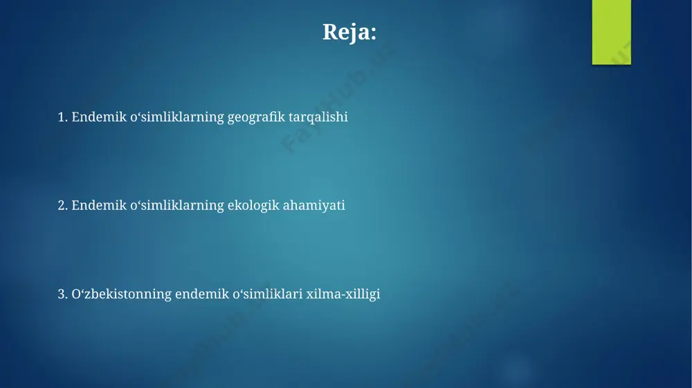 ortiq qoʻriqxona va milliy bogʻlar, jumladan, zarafshon va chatqol togʻlarida joylashganlari tashkil etilgan. kelajakdagi tadqiqotlar xorazm viloyatining cho‘l zonasida mavjud bo‘lgan 20 ga yaqin endemik o‘simlik turining ekologik talablarini, tarqalishini va mavjudligi darajasini aniqlash maqsadida geokompyuter texnologiyalarini qo‘llab ekspert tahlillarini o‘tkazish kerak. qashqadaryo viloyatining 1000 metrdan baland tog‘li hududlarida o‘sadigan endemik o‘simlik turlarining genetik xilma-xilligini va ularning iqlim o‘zgarishlariga chidamliligini aniqlash bo‘yicha keng ko‘lamli tadqiqotlar o‘tkazish zarur. endemik oʻsimliklarning geografik tarqalishi oʻzbekistonning gʻarbiy qismida, xususan, qoraqalpogʻiston respublikasi va xorazm viloyatlarida 200 dan ortiq endemik oʻsimlik turlari uchraydi, ularning aksariyati shoʻrxok tuproqlarda oʻsadi. tyan-shan togʻ tizimining 2500-3500 metr balandliklarida, ayniqsa, chatqol va qurama togʻlarida, endemik oʻsimliklarning boy xilma-xilligi kuzatiladi, jumladan, 50 dan ortiq noyob gulli oʻsimlik turlari mavjud. e'tiboringiz uchun rahmat @taqdimot_robot image6.jpg image7.jpg image8.jpg image9.jpg image10.jpg image11.jpg image12.jpg image2.png image3.png image4.png image5.png