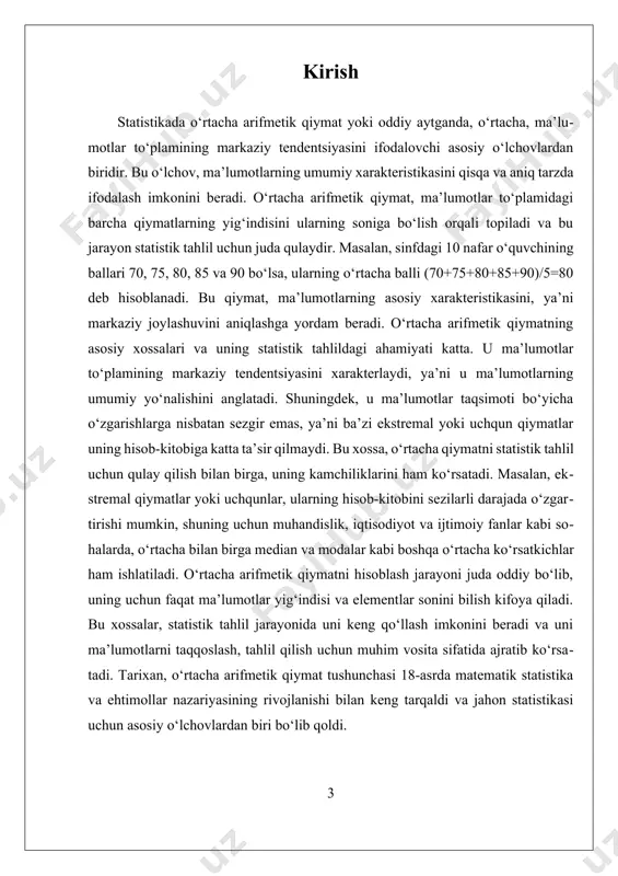 atan kichik bo‘ladi. bu xossalar, statistik tahlil uchun muhim bo‘lib, u ma'lumotlarning asosiy xarakteristikasini aniqroq ifodalash imkonini beradi. oʻrtacha arifmetik qiymatni hisoblash uchun, faqatgina ma'lumotlar yig‘indisi va elementlar sonini bilish kifoya qiladi. bu esa, statistik amaliyotda, uni tez va oson hisoblash imkonini beradi. bundan tashqari, o‘rtacha qiymatni ishlatishda, ma'lumotlarning tarqalishini yoki dispersiyasini ko‘rsatadigan boshqa statistik ko‘rsatkichlar, masalan, dispersiya yoki standart og‘ish, bilan birga ishlatilishi tavsiya etiladi, chunki u ma'lumotlarning tarqalishi haqida ham muhim ma'lumotlar beradi. oʻrtacha arifmetik qiymat, hozirgi kunda, iqtisodiyot, muhandislik, ijtimoiy fanlar, tabiiy fanlar va ishlab chiqarish sohalarida keng qo‘llaniladi. masalan, ishlab chiqarish sifatini nazorat qilishda, iqtisodiy tahlillarda, so‘rovnomalar va statistik so‘rovlar natijalarini tahlil qilishda, shuningdek, ta’lim va sog‘liqni saqlash sohalarida ham u muhim ahamiyatga ega. bu qiymat, statistik ma’lumotlarni taqqoslash va umumiy xarakteristikasini aniqlash uchun asosiy vosita sifatida xizmat qiladi. shu bilan birga, o‘rtacha arifmetik qiymatning kamchiliklari ham mavjud. u ekstremal qiymatlar yoki uchqunlar (outliers) ta'siriga juda …