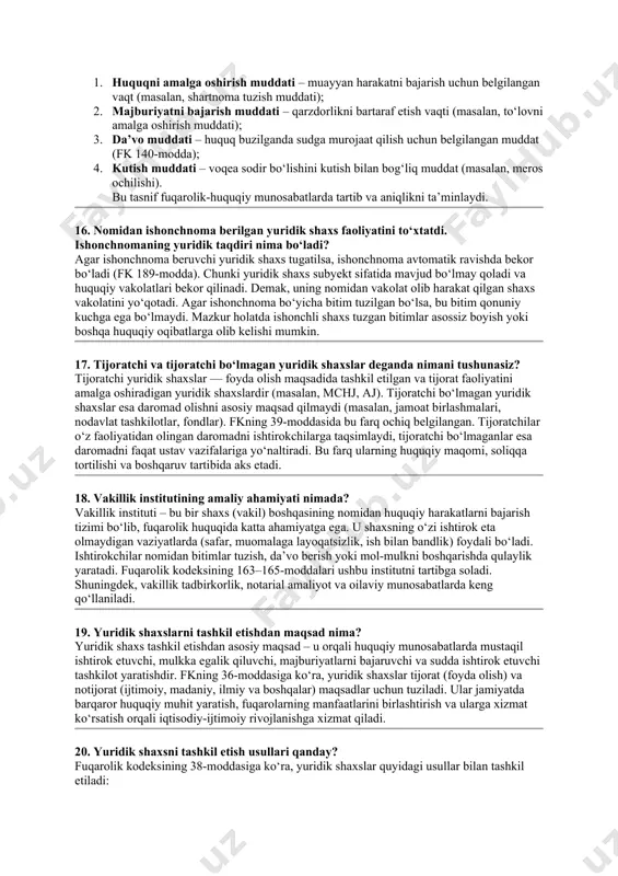 mumiy da’vo muddati. 2. majburiyatni bajarish muddati — shartnomaga muvofiq to‘lov yoki topshiriqni amalga oshirish vaqti. masalan, tovar 10 kun ichida topshirilishi lozim. 3. kutish muddati — huquqiy holat yuzaga kelishigacha bo‘lgan vaqt. masalan, merosni qabul qilish muddati — 6 oy. .bu tasnif huquqiy barqarorlik va hujjat aylanishini soddalashtirishga xizmat qiladi. 11. ishonchnoma asosida avtomashinani boshqarishga olgan fuqaro vafot etdi. mazkur holatda qanday huquqiy oqibat kelib chiqadi? fuqarolik kodeksining 187-moddasiga ko‘ra, ishonchnoma beruvchi yoki ishonch bildiruvchi shaxsning vafoti ishonchnomaning amal qilishini avtomatik ravishda bekor qiladi. demak, agar avtomobilni boshqarishga vakolatli shaxs vafot etsa, ishonchnoma o‘z kuchini yo‘qotadi. bu holatda transport vositasi undan qaytarib olinishi lozim. agar vafot etgan shaxs o‘z vakolatini bajarayotgan bo‘lsa, u bajargan harakatlar (masalan, avtomobilni boshqarish, topshirish) ma’lum chegarada haqiqiy deb topilishi mumkin, lekin vakolat to‘liq tugaydi. vafot faktini bilmasdan bajarilgan harakatlar esa alohida ko‘rib chiqiladi. 12. ishonchnoma qanday shakllarda amal qiladi? fuqarolik kodeksining 185-moddasiga ko‘ra, ishonchnoma …