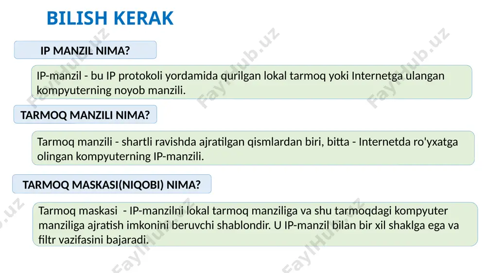 ipv4 versiyasining ip tarmoqlaridagi mantiqiy xost manzillari 32 ikkilik raqamni o'z ichiga oladi, ya'ni 4 bayt (okteta). texnik hujjatlardagi manzilning 4 baytining har biri o'nlik raqam sifatida ko'rsatiladi va baytlar nuqta bilan ajratiladi, masalan, 172.100.220.14. ushbu manzilning bir qismi (yuqori razryadlar) tarmoq raqami, boshqa qismi (kichik razryadlar) tarmoqdagi tugun raqamidir. ip-manzillar sinflarining tuzilishi a sinf b sinf c sinf ip manzillar sinflari 127.0.0.1 manzili o'z-o'zini sinab ko'rish uchun mo'ljallangan, bu manzilda xost ushbu xostda tcp / ip protokoli o'rnatilganligini tekshirib, o'ziga murojaat qiladi. shuning uchun 127.0.0.0 tarmoq manzili manzillar jadvaliga kiritilmagan ip manzil maskasi marshrutizator ishlaydigan manzillar sonini kamaytirish uchun uning marshrutlash jadvali xost manzillarini emas, balki tarmoq manzillarini belgilaydi. marshrutizator tarmoq manzilini paketning maqsad manzilidan olishi kerak. marshrutizator ushbu operatsiyani xostning tarmoq manzilini maskaga mantiqiy ko'paytirish orqali amalga oshiradi. maskadagi bitlar soni ip manzilidagi bitlar soniga teng. maskaning yuqori tartibli bitlaridagi birlarning uzluksiz ketma-ketligi tarmoq raqamiga tegishli manzil bitlari …