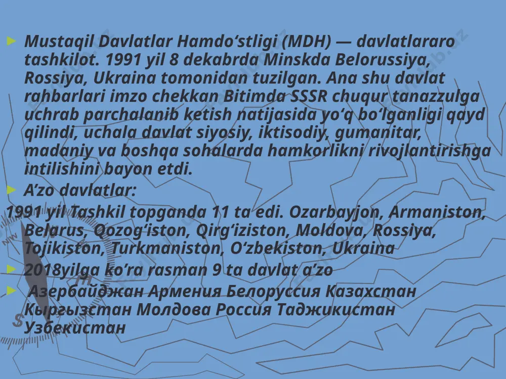 i. belorussiyaning oʻsha vaqtdagi rahbari stanislav shushkevich aytishiga qaraganda, yeltsin tomonidan taklif qilingan — sssr tarkibidan chiqib mdh tashkil qilish haqidagi shartnoma — barchaga mutlaq kutilmagan hol boʻlgan. 1991 yilning 7 dekabri kuni aslida neft va gaz yetikzib berish masalalarini muhokama qilish uchun toʻplangan prezidentlarga yangi shartnoma haqida oldindan hech narsa maʼlum boʻlmagan. “faqat yeltsin hamma narasadan xabardor edi”, “ular belovejga oldindan tayyorlangan reja bilan kelishgan edi”, — deb izoh bergan edi ushbu voqealarga keyinchalik shushkevich. mustaqil davlatlar hamdo’stligi mdh tashkil topishi shunday qilib 1991 yilning 8 dekabirda sssr tarkibidan chiqib mdh tashkil qilish haqidagi shartnomani dastlab uch ittifoq respublikasi rahbariyati: rsfsrdan boris yeltsin va gennadiy burbulis, belorussiyadan — stanislav shushkevich va vyacheslav kebich, ukrainadan leonid kravchuk va vitold fokinlar imzolaydi. 1991 yilning 13 dekabrida ashxobod shahrida markaziy osiyodagi beshta respublika — qozog‘iston, qirg‘iziston, tojikiston, turkmaniston va o‘zbekiston prezidentlarining uchrashuvi bo‘lib o‘tdi. uchrashuv yakunlariga ko‘ra, bu respublikalar ta’sis etuvchi mamlakatlar …